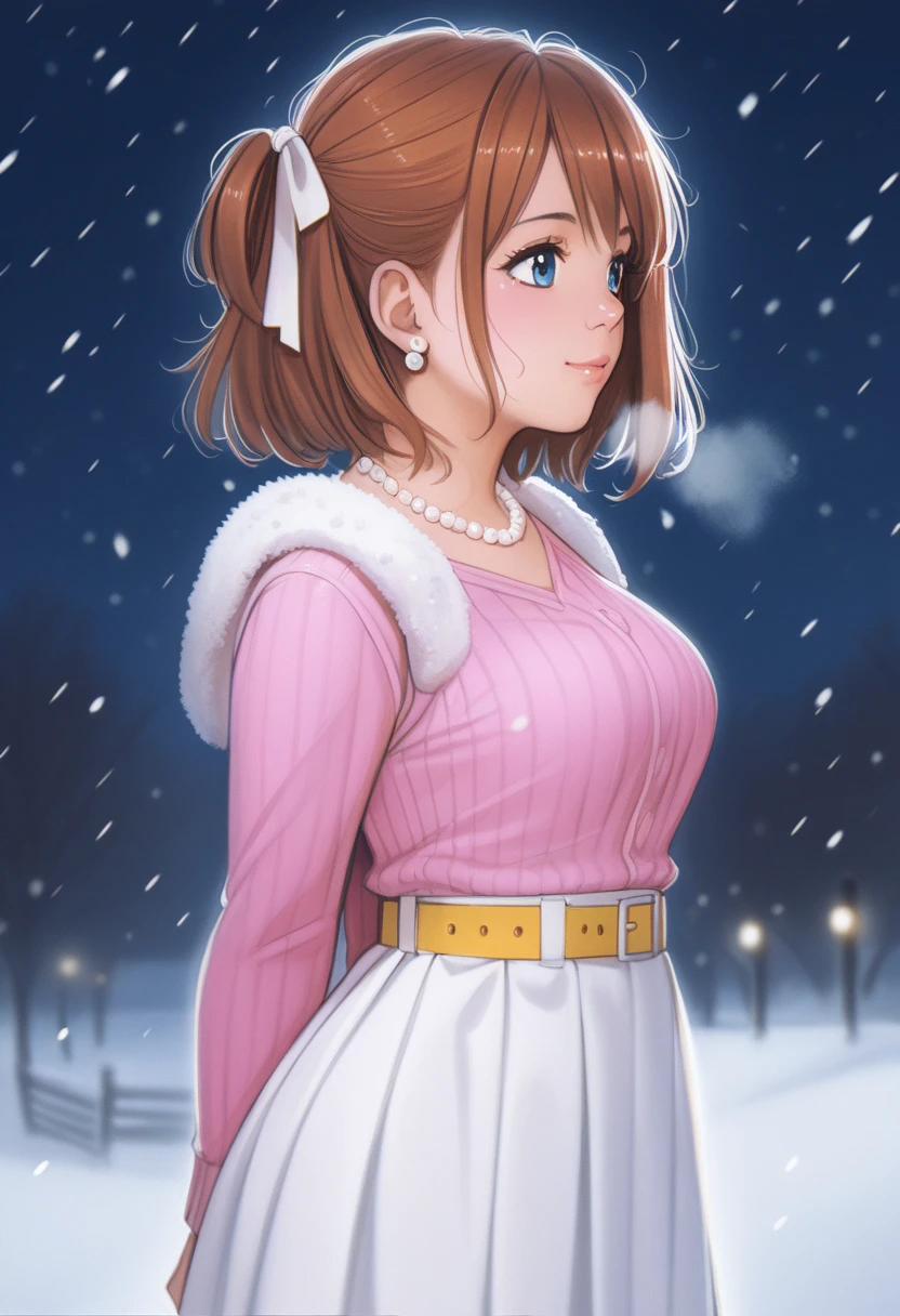 score_9, score_8_up, score_7_up, score_6_up,Shiny skin, kousaka honoka, blue eyes, beautiful, winter clothes, breathing, brown hair, night, snowing, cowboy shot,pink shirt,white open crop vest, arms behind back, Pearl necklace, earrings, white skirt, yellow belt, happy,hair ribbon,p4l0m4, breasts,thighs,web comic,hentai, thighs, closed mouth, pantyhose, from side, looking at viewer