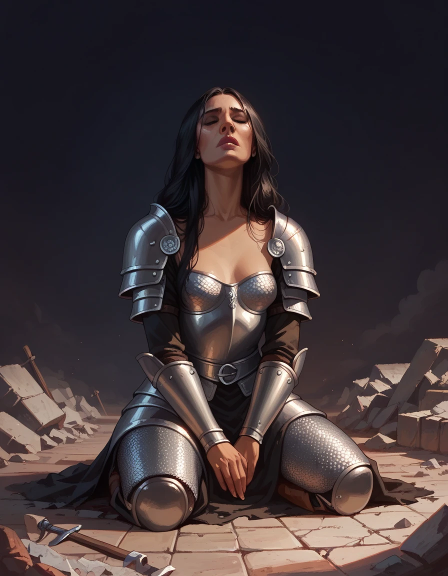 a female warrior, solo, eyes closed, black hair, long hair, small breast, medieval armour, chainmail, kneeling, mourning to the sky, ground, on a pile of rubble, front view, moody and gritty, dramatic scene, (dark sky:1.3), (dark background)