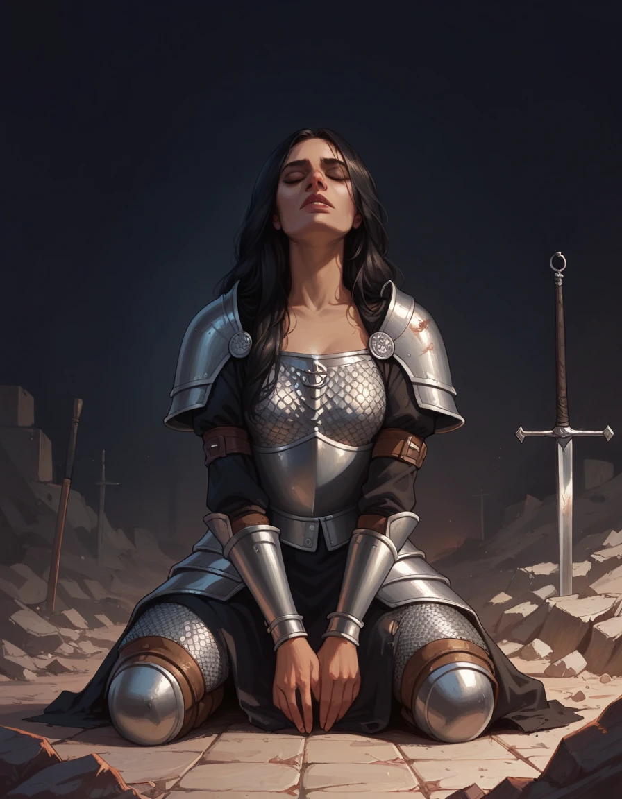 a female warrior, solo, eyes closed, black hair, long hair, small breast, medieval armour, chainmail, kneeling, mourning to the sky, ground, on a pile of rubble, front view, moody and gritty, dramatic scene, (dark sky:1.3), (dark background)