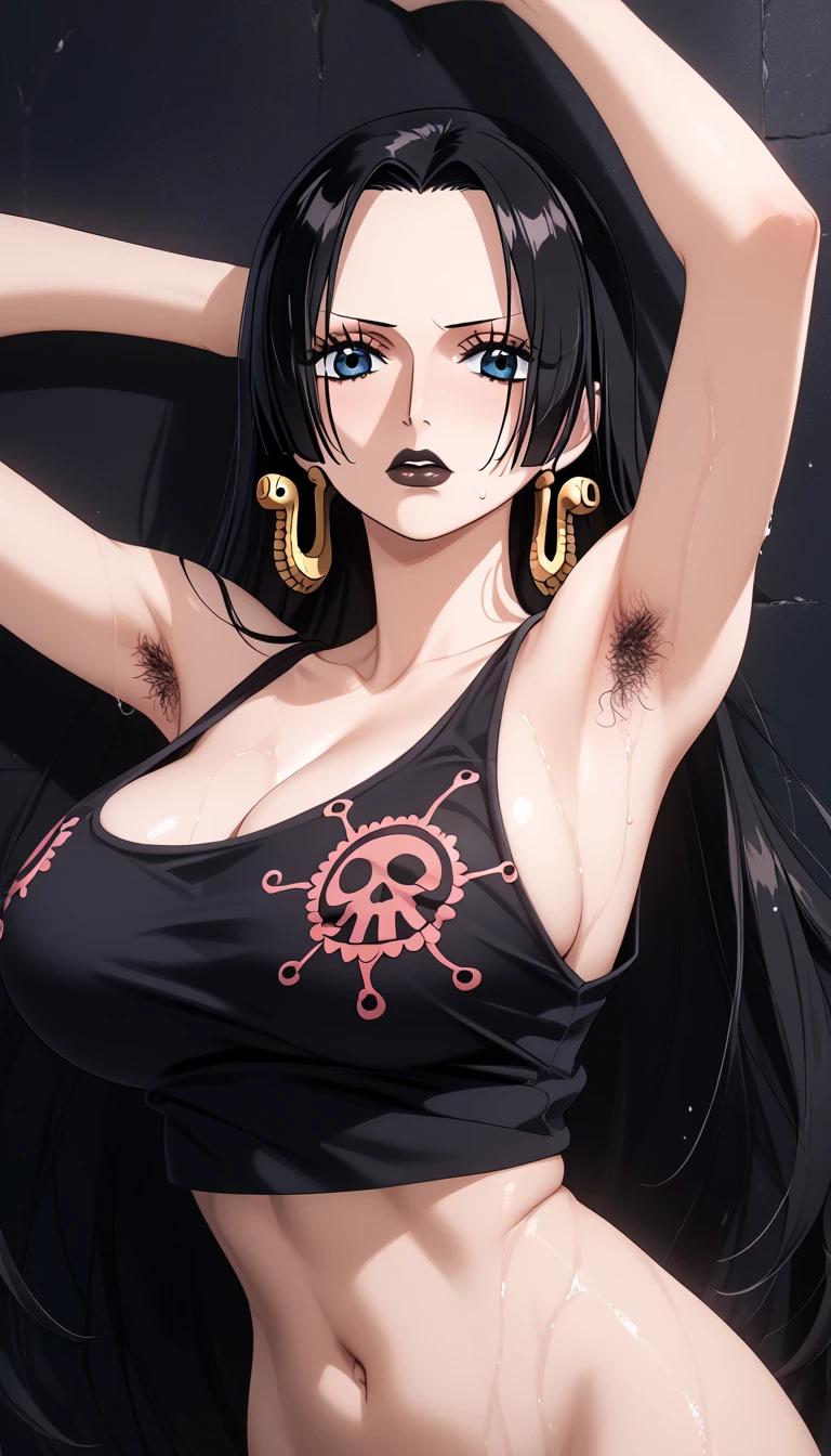 (Boa Hancock), black tank top, gothic make-up, pierced ears, big breast, perfect body, black lipstick, licking armpit, beautiful black armpit hair, arrogant facial expression, photo art, high detail, high resolusi, best quality, black wall background, wet body