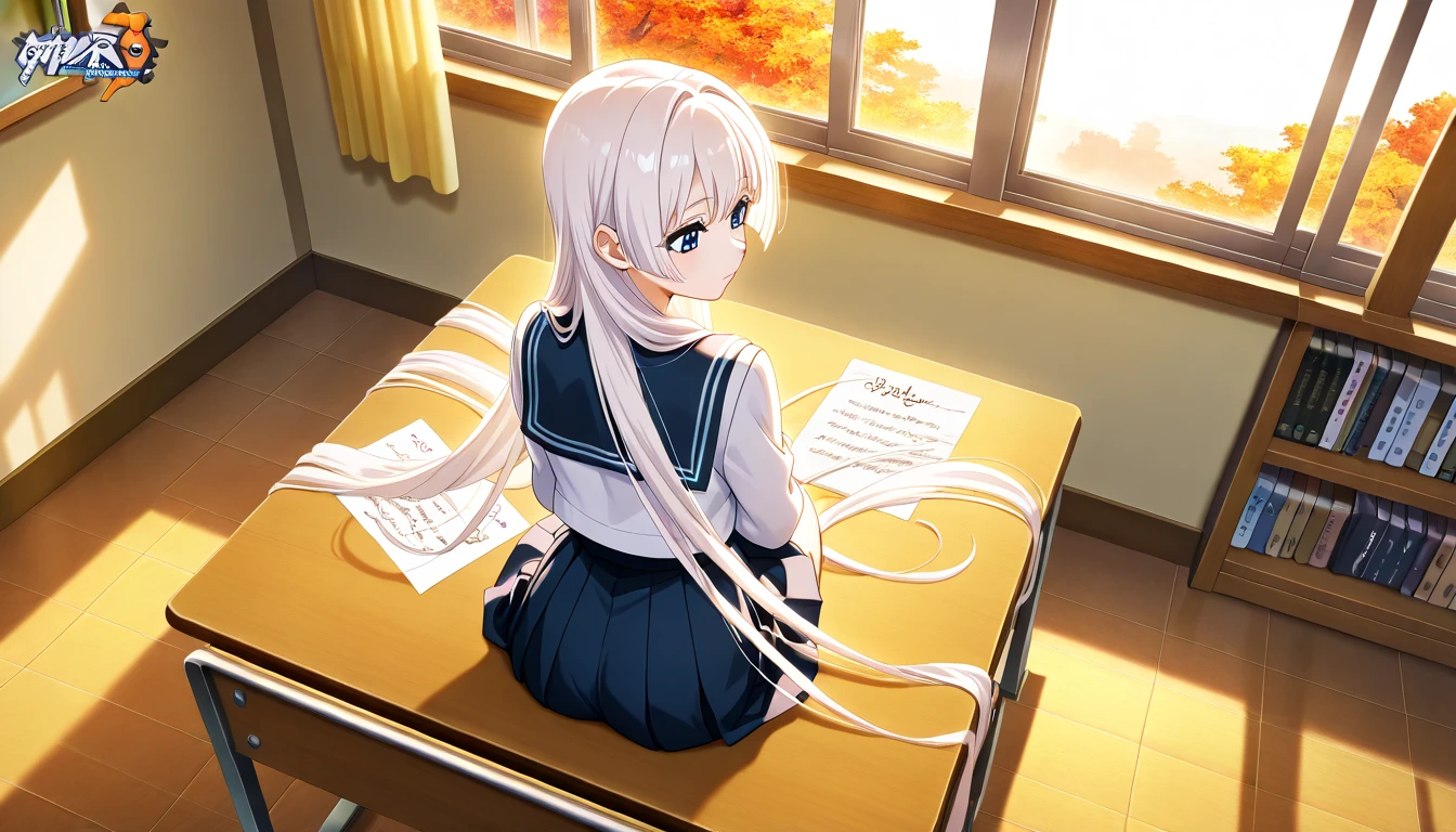 (High quality anime art), (from above, third person perspective, rear view), glossy, (Anime girl, white hair, Long hair, Hair flowing in the wind: 0.9, blue eyes, School uniform), (Volumetric lighting, Atmospheric lighting: 1.4, Window, warm lighting), (vibrant color:0.7, Detailed color: 0.9), Autumn day, (sitting on bench, writing on desk, looking down), detailed indoor bedroom, tidy furniture, and bookshelf, absurdness, 4k, retina.