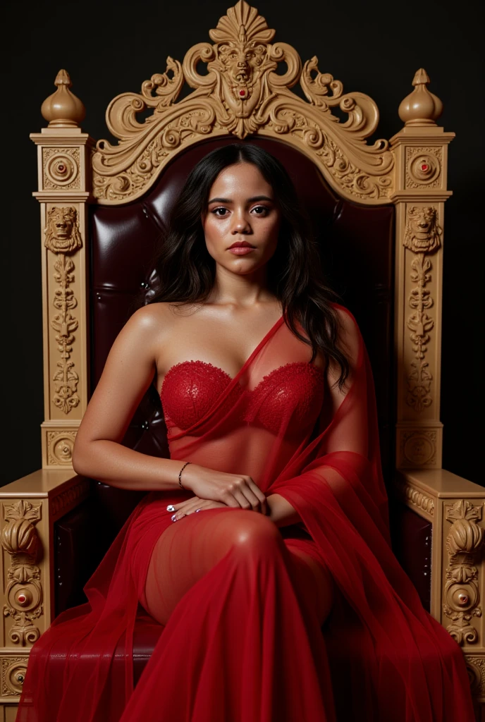 Generate a photorealistic 8k resolution image of Jenna Ortega, triggering her LORA with 'j3nnaort3ga'. Jenna Ortega is seated on a majestic, ornate throne adorned with lion symbols and precious gems. She is captured in a close-up shot that focuses on her upper body, exhibiting a fierce, vengeance-filled expression with intense eyes and a determined jawline. She wears a transparent red saree that clings to her curves, revealing her sexy Busty body, which flows elegantly around her, emphasizing her royal stature. The image should feature highly detailed skin with realistic textures and lighting, capturing every freckle and pore. Her thighs and legs are elegantly posed, adding to the sensuality. Lion symbols are prominently displayed beside the throne, reinforcing the royal and powerful theme. Ensure the image is ultra-realistic, with sharp focus and high detail, appearing as a real photograph.