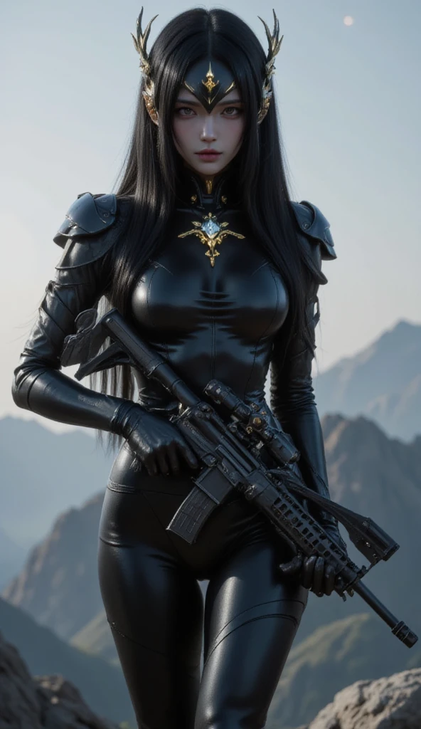 In the style of hyper-realism, this cinematic scene captures a silent and stoic East Asian female mercenary. Her voluptuous yet balanced physique is accentuated by a sleek, form-fitting high-leg cut bodysuit made of high-gloss leather-like material. The suit's design, with matte black panels and gold filigree accents, exudes a blend of functionality and haunting allure. Her long, jet-black hair frames her ethereal presence, and her full-face tactical mask, with glowing insignias and dark almond-shaped eyes, adds an enigmatic aura. She holds an AS50 sniper rifle with reverent precision, its polished design gleaming under the moonlight. The setting is a fog-drenched mountain range, with her silhouette blending seamlessly with the mist, creating an ethereal and deadly atmosphere. The scene is illuminated by hyper-detailed, cinematic lighting, atmospheric fog, and features ultra-detailed textures in 8K resolution, evoking stealth, elegance, and precision.