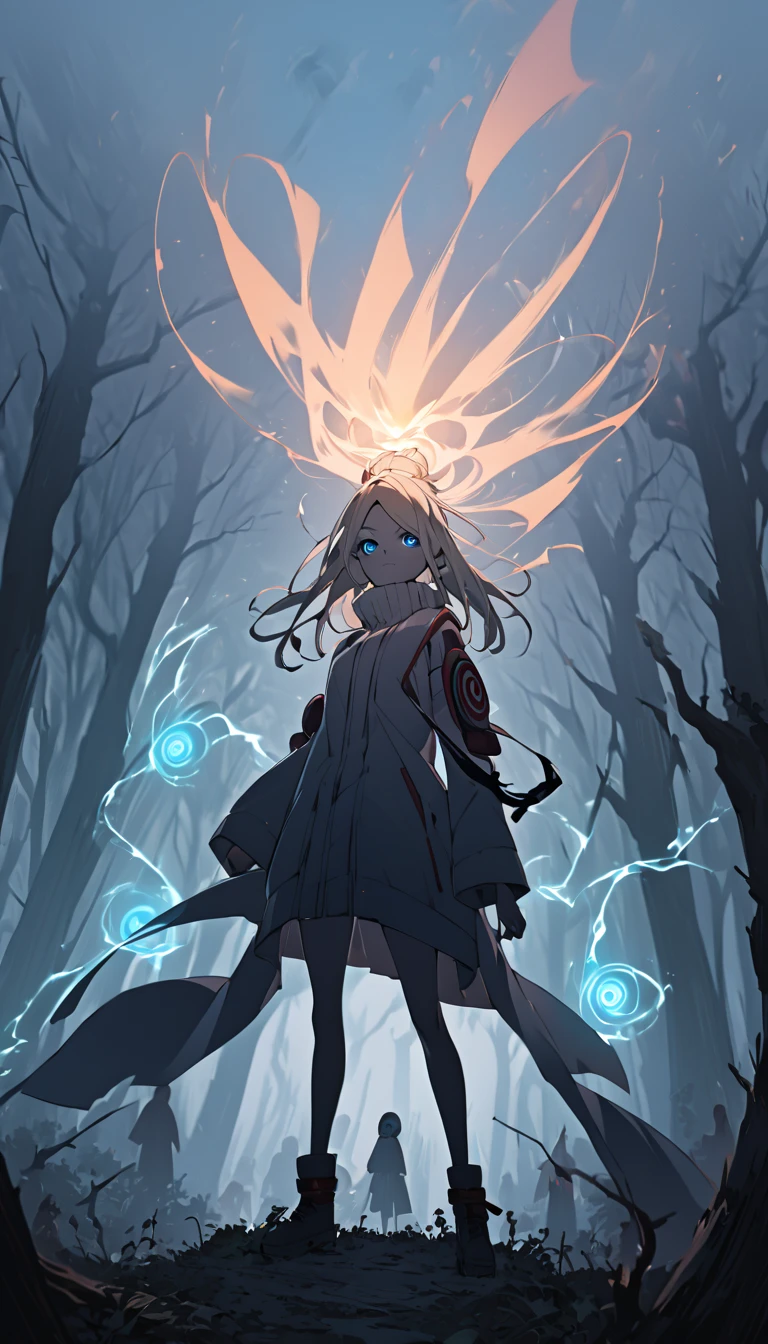 A fusion of Seiko Ayase and Naruto Uzumaki, with Seiko's ghostly translucence and Naruto's bold energy. Her outfit combines Naruto's ninja gear with a spectral, glowing twist, while her hair has Naruto’s wild, wind-blown aesthetic, but fades into ghostly tendrils. She stands in a dynamic pose with chakra flowing around her, glowing faintly in ghostly hues. The background features a mysterious forest shrouded in mist, faintly lit by ghostly chakra energy and shadowy figures.