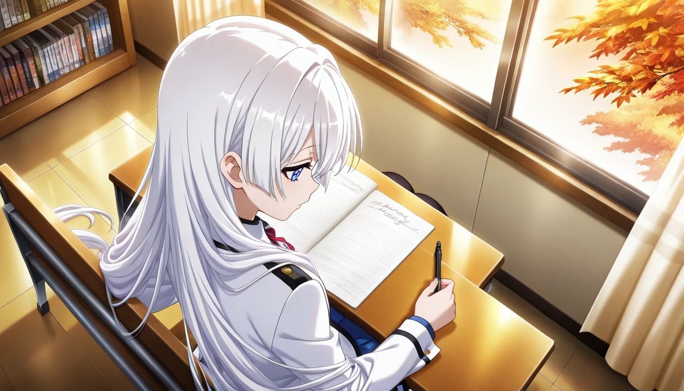 (Score_9, Score_8up, Score_7up), (High quality anime art), (from above, third person perspective, rear view), glossy, (Anime girl, white hair, Long hair, Hair flowing in the wind: 0.9, blue eyes, School uniform), (Volumetric lighting, Atmospheric lighting: 1.4, Window, warm lighting), (vibrant color:0.7, Detailed color: 0.9), Autumn day, (sitting on bench, writing on desk, looking down), detailed indoor bedroom, tidy furniture, and bookshelf, absurdness, 4k, retina.