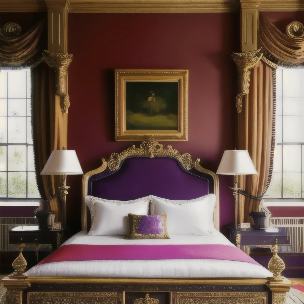 a close up of a bed in a room with a purple bed cover, lavish rococo baroque setting, in a bedroom!!!!!!!!!!!!!!!!!!!!, rococo style, rococo baroque, extremely opulent, victorian room, baroque style, bed room, royal interior, rococo and art nouveau fusion, interior decoration, lavishly decorated, ornate and detailed