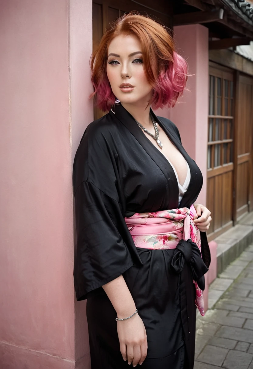 Red haired woman, sexy body,  curvy body , woman wearing a black kimono ,  pink scarf around her neck, big bust,  large neckline , silver necklace