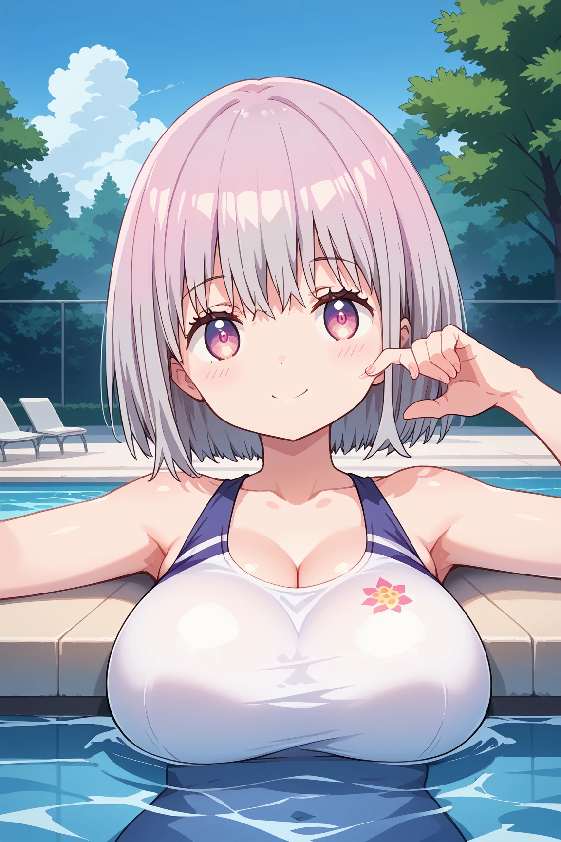 ( top quality ), ( top quality の髪), accurate anatomy, masterpiece, super detailed,  top quality の顔,  top quality の髪, ultra-fine painting, ( finger without bankruptcy),
SSSS GRIDMAN, Shinjo Akane, water park, pool, competition swimsuit, perky breasts,large breasts,(gigantic breasts:0.8),  bewitching smile ,  ashamed,

floating on the water surface, On your back, sleepy,