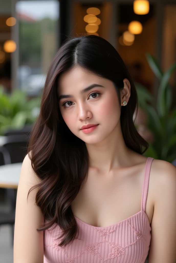 photo of young woman, highlight hair, sitting outside restaurant, wearing dress, rim lighting, studio lighting, looking at the camera, dslr, ultra quality, sharp focus, tack sharp, dof, film grain, Fujifilm XT3, crystal clear, 8K UHD, highly detailed glossy eyes, high detailed skin, skin pores