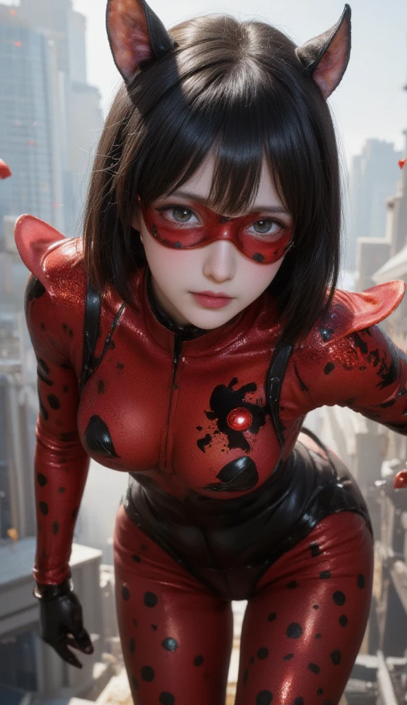 In this scene, the Miraculous Ladybug is captured in a dynamic crouching pose, ready to spring into action. The Ladybug's iconic red and black costume is detailed, with the distinctive spots and shell-like design that characterizes her superhero identity. Her expression is focused and determined, embodying the spirit of courage and resilience. The background is a blur of motion, suggesting movement and the urgency of her mission. This image is a powerful representation of the superheroine, highlighting her agility and readiness to face any challenge.