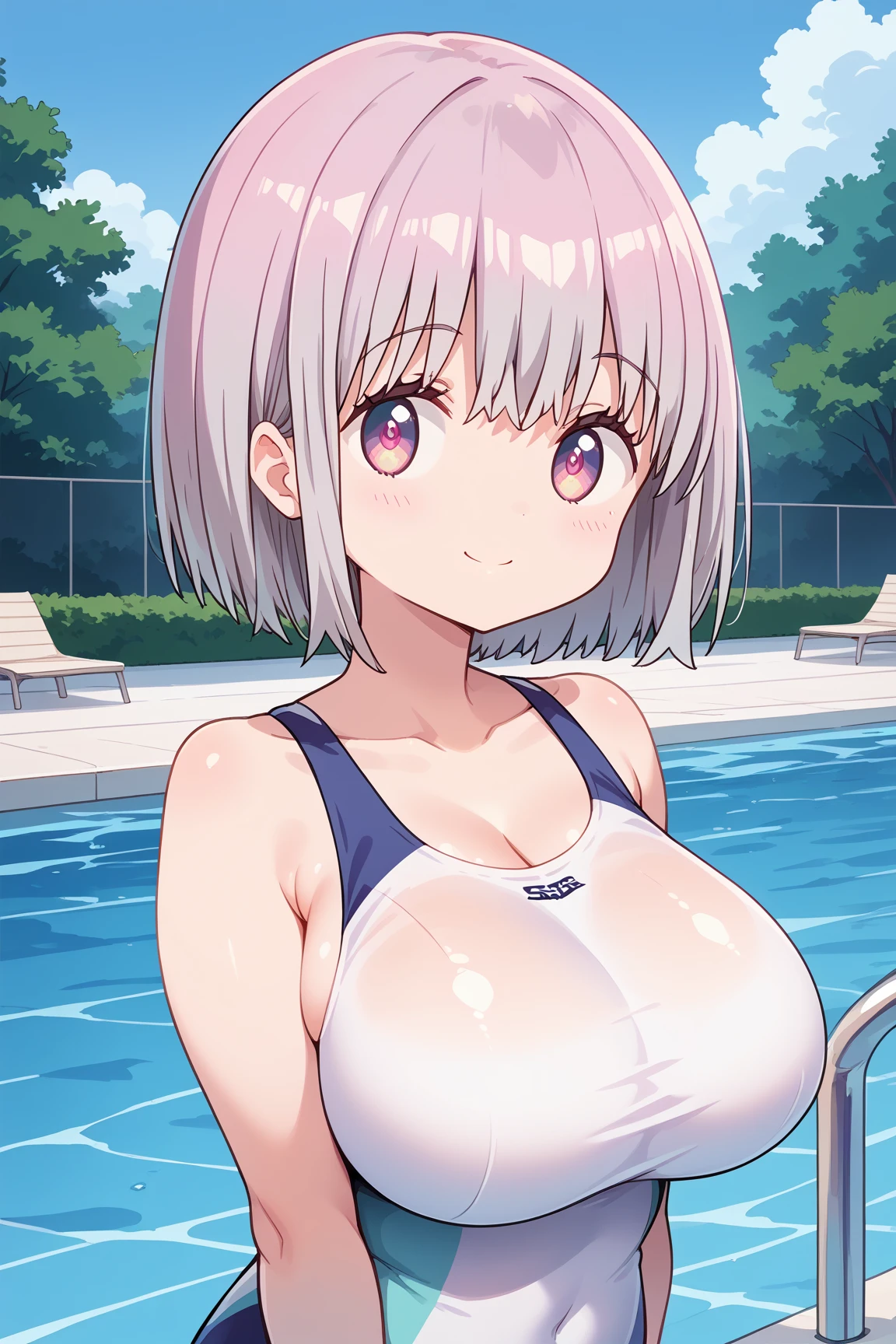 ( top quality ), ( top quality の髪), accurate anatomy, masterpiece, super detailed,  top quality の顔,  top quality の髪, ultra-fine painting, ( finger without bankruptcy),
SSSS GRIDMAN, Shinjo Akane, water park, pool, competition swimsuit, huge breasts,  bewitching smile , 

Floating on the water surface and looking up at the sky,