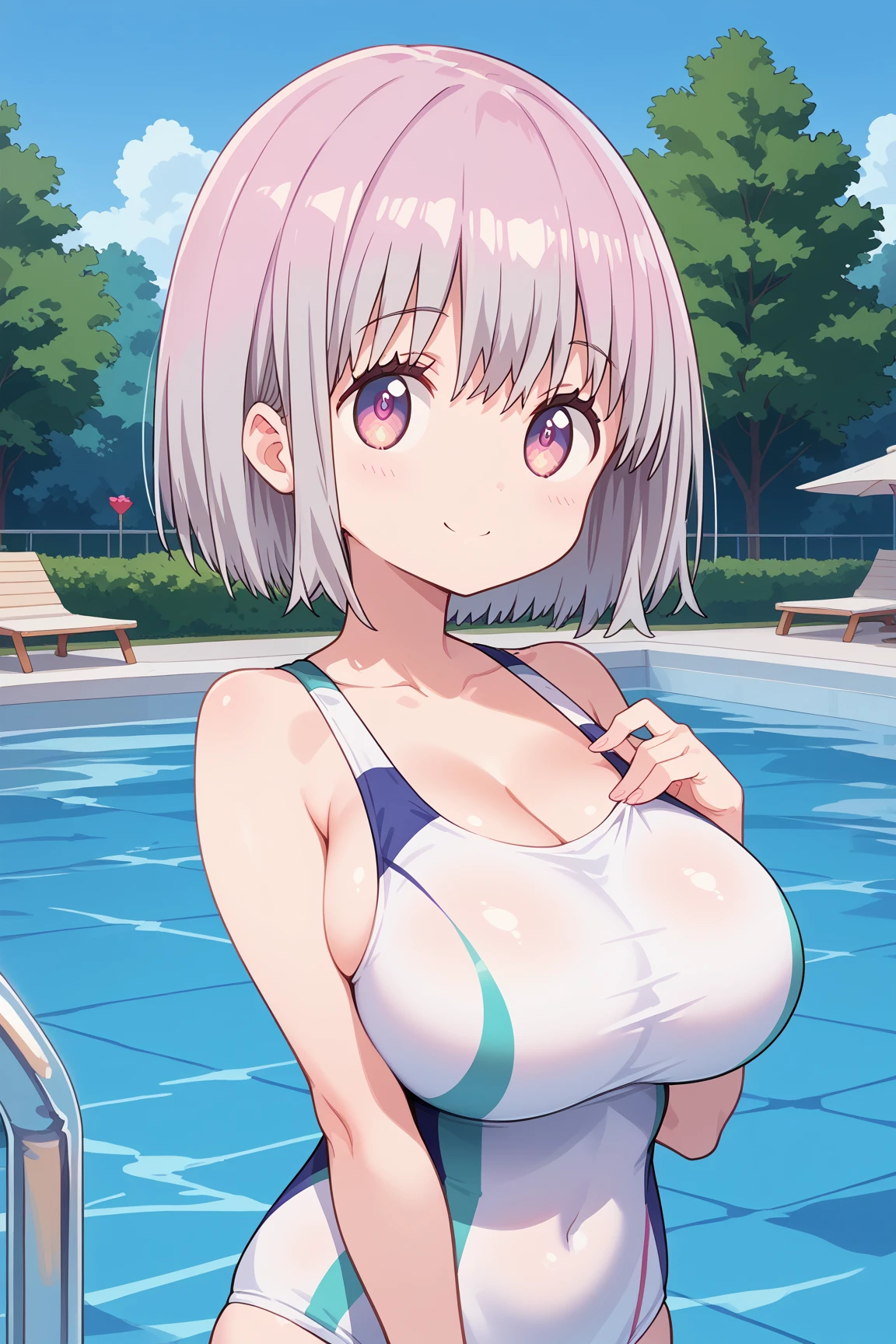 ( top quality ), ( top quality の髪), accurate anatomy, masterpiece, super detailed,  top quality の顔,  top quality の髪, ultra-fine painting, ( finger without bankruptcy),
SSSS GRIDMAN, Shinjo Akane, water park, pool, competition swimsuit, huge breasts,  bewitching smile , 

Floating on the water surface and looking up at the sky,