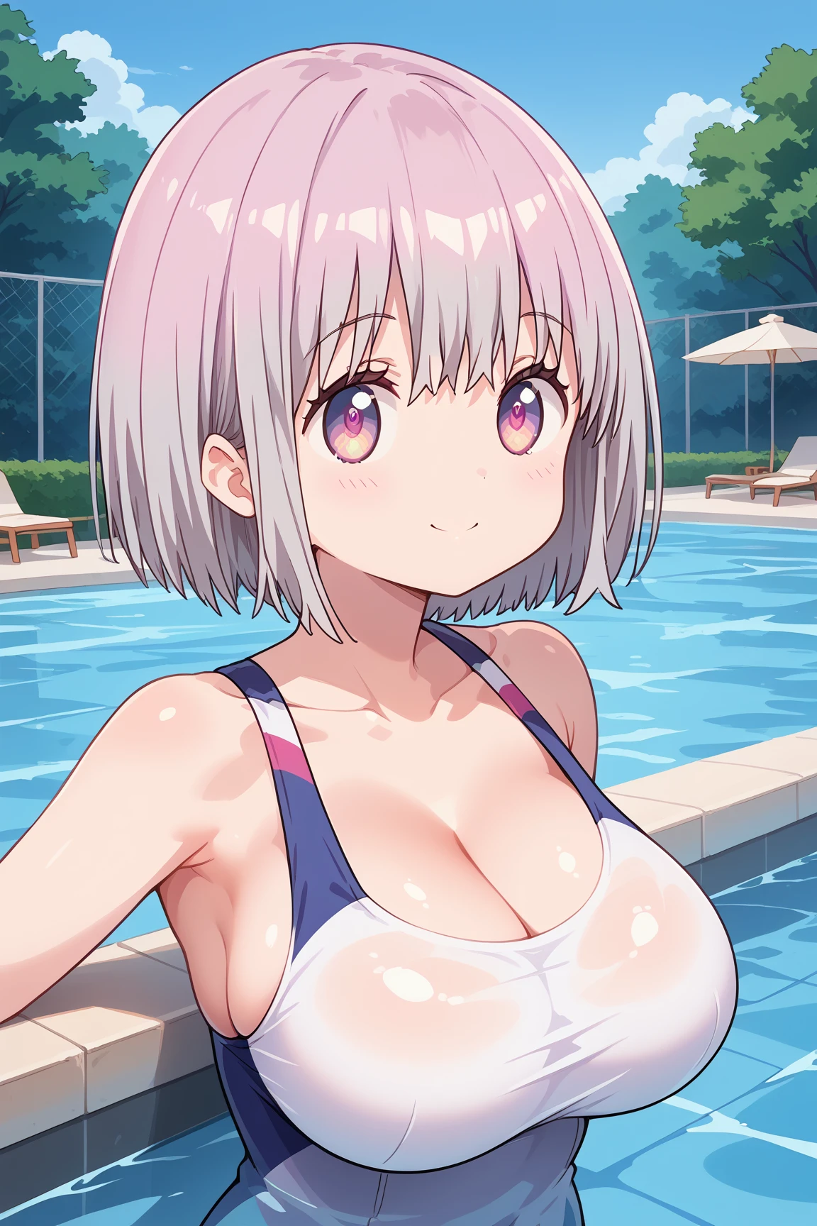 ( top quality ), ( top quality の髪), accurate anatomy, masterpiece, super detailed,  top quality の顔,  top quality の髪, ultra-fine painting, ( finger without bankruptcy),
SSSS GRIDMAN, Shinjo Akane, water park, pool, competition swimsuit, huge breasts,  bewitching smile , 

Floating on the water surface and looking up at the sky,