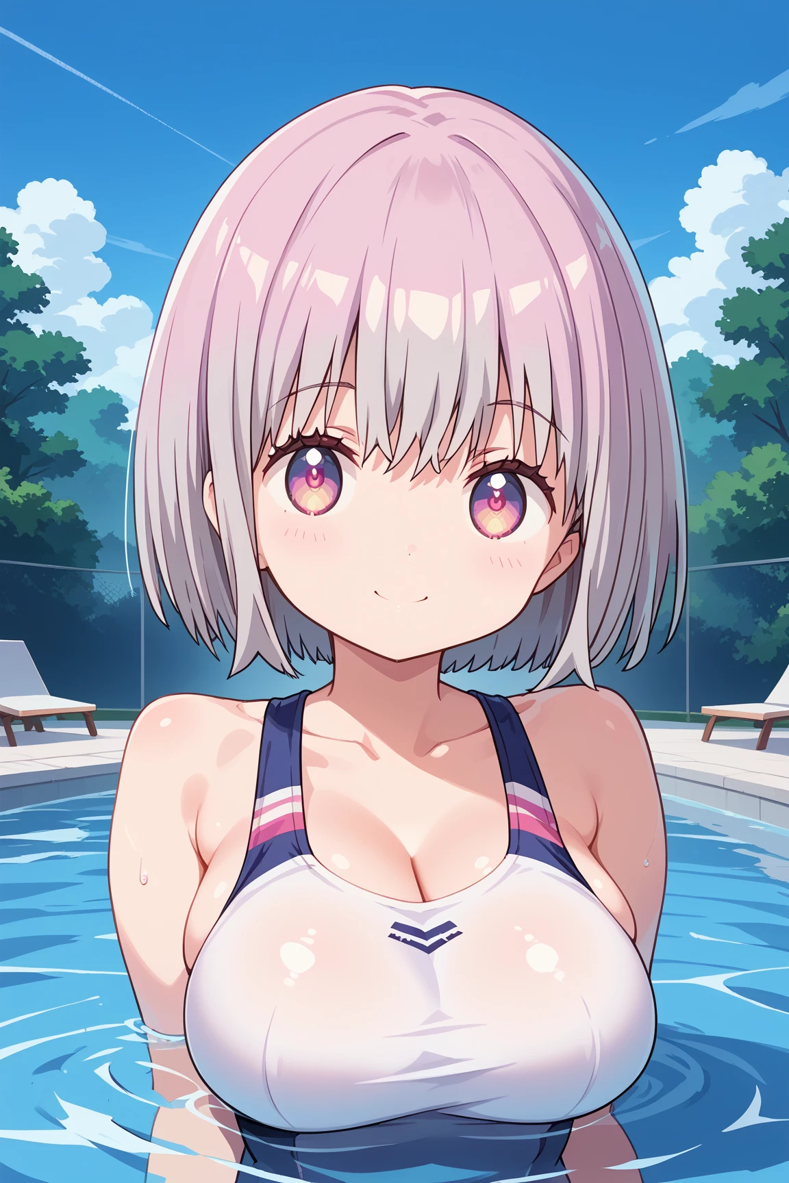 ( top quality ), ( top quality の髪), accurate anatomy, masterpiece, super detailed,  top quality の顔,  top quality の髪, ultra-fine painting, ( finger without bankruptcy),
SSSS GRIDMAN, Shinjo Akane, water park, pool, competition swimsuit, huge breasts,  bewitching smile , 

Floating on the water surface and looking up at the sky,