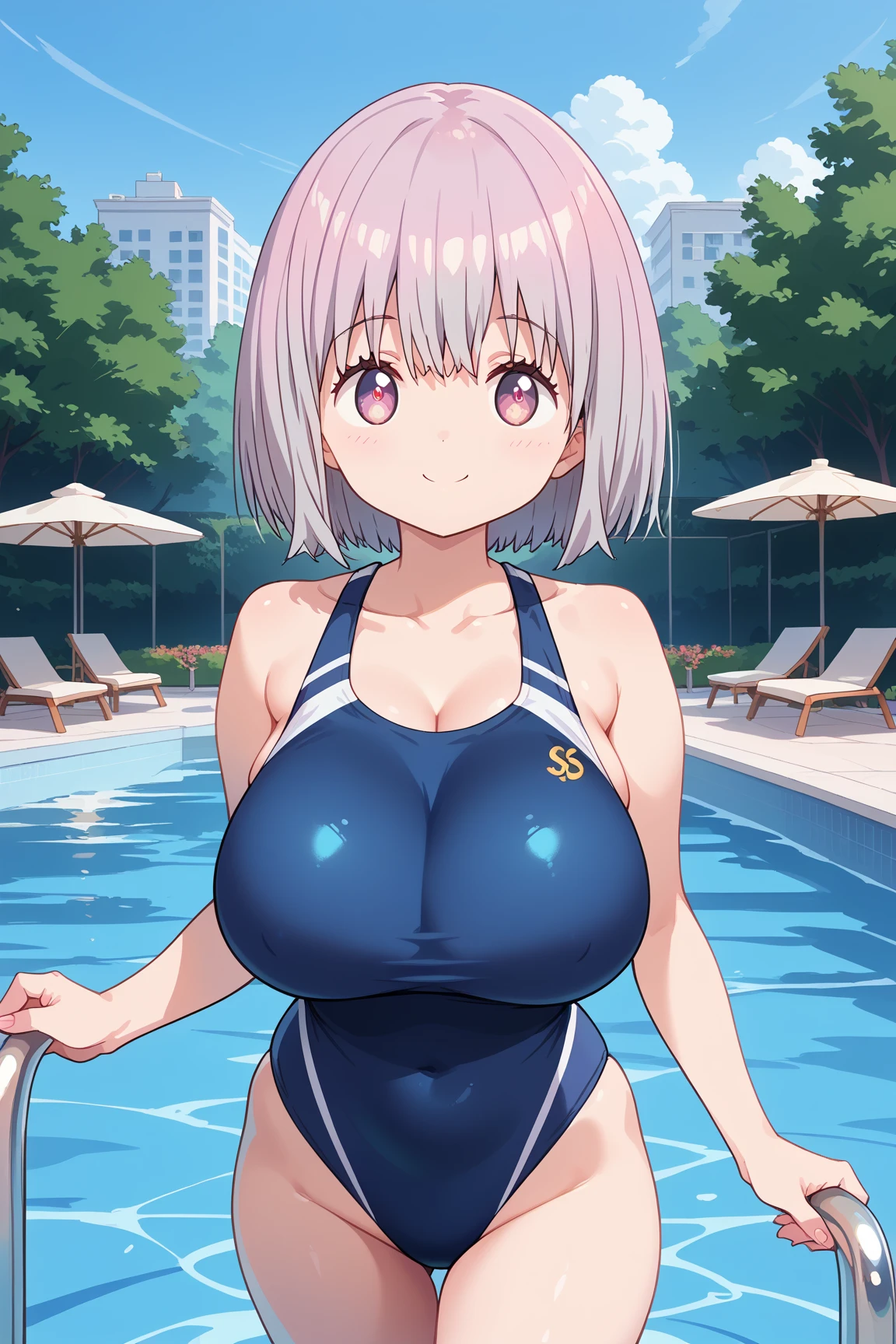 ( top quality ), ( top quality の髪), accurate anatomy, masterpiece, super detailed,  top quality の顔,  top quality の髪, ultra-fine painting, ( finger without bankruptcy),
SSSS GRIDMAN, Shinjo Akane, water park, pool, competition swimsuit, huge breasts,  bewitching smile , 

Floating on the water surface and looking up at the sky,