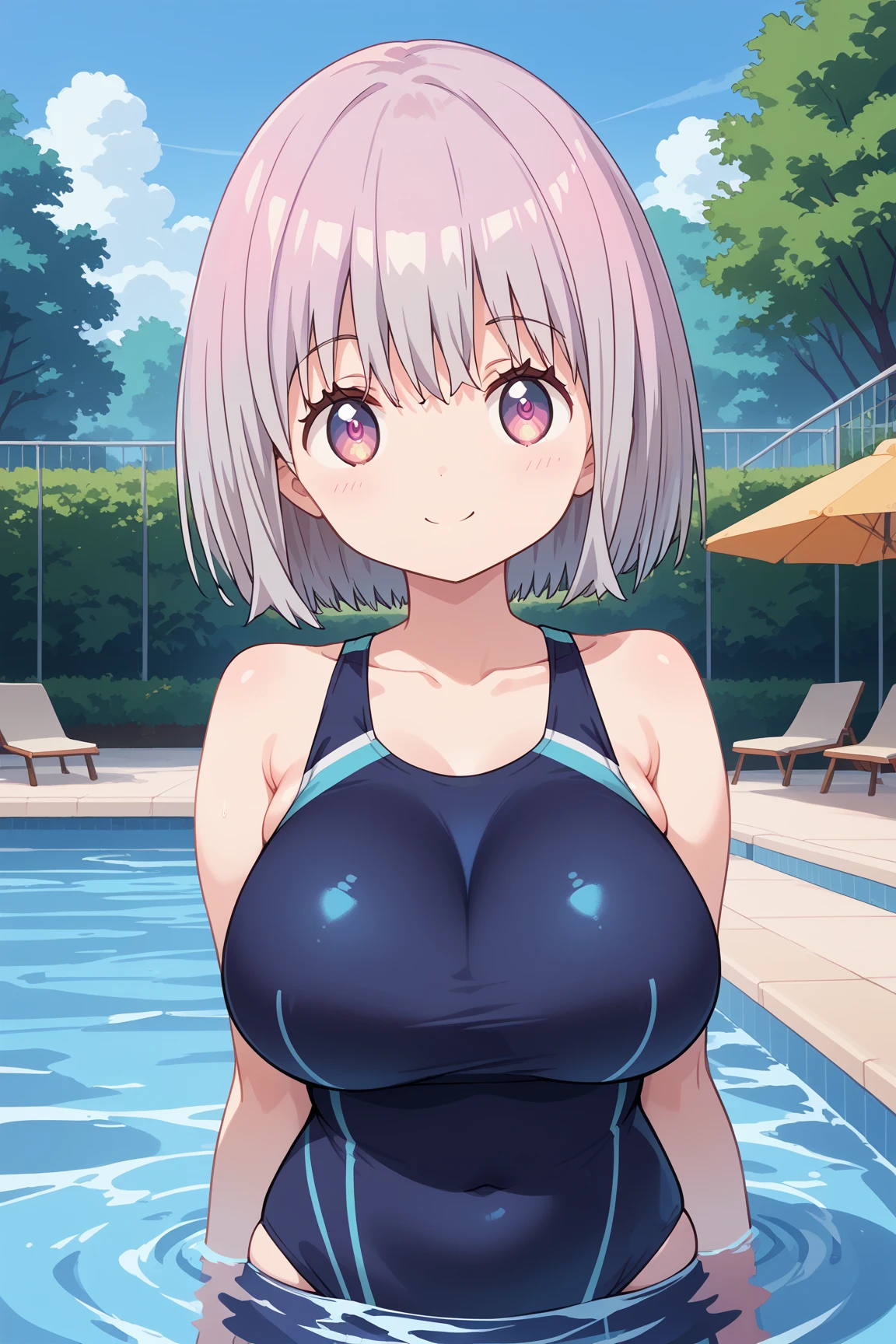 ( top quality ), ( top quality の髪), accurate anatomy, masterpiece, super detailed,  top quality の顔,  top quality の髪, ultra-fine painting, ( finger without bankruptcy),
SSSS GRIDMAN, Shinjo Akane, water park, pool, competition swimsuit, huge breasts,  bewitching smile , 

Floating on the water surface and looking up at the sky,