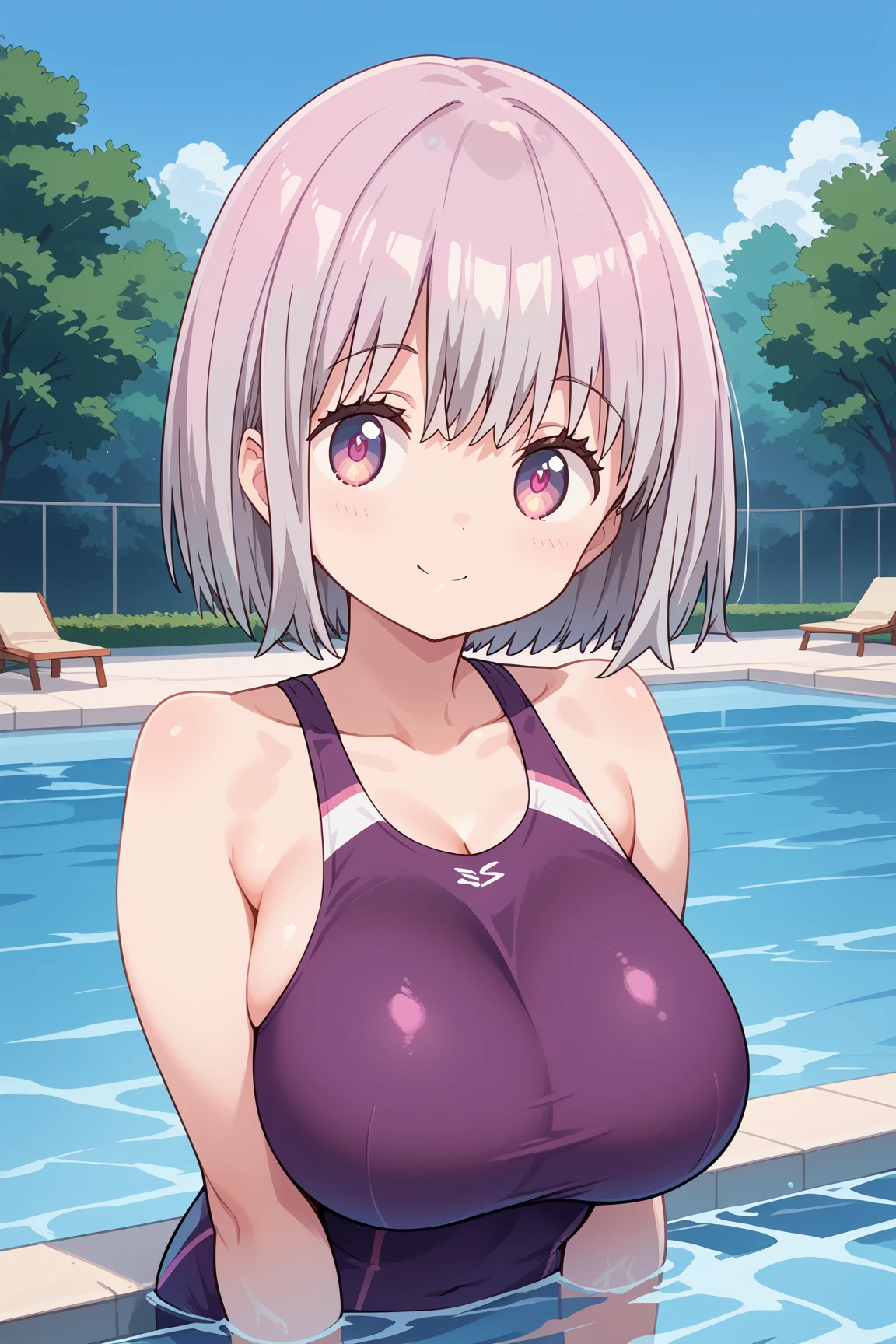 ( top quality ), ( top quality の髪), accurate anatomy, masterpiece, super detailed,  top quality の顔,  top quality の髪, ultra-fine painting, ( finger without bankruptcy),
SSSS GRIDMAN, Shinjo Akane, water park, pool, competition swimsuit, huge breasts,  bewitching smile , 

Floating on the water surface and looking up at the sky,