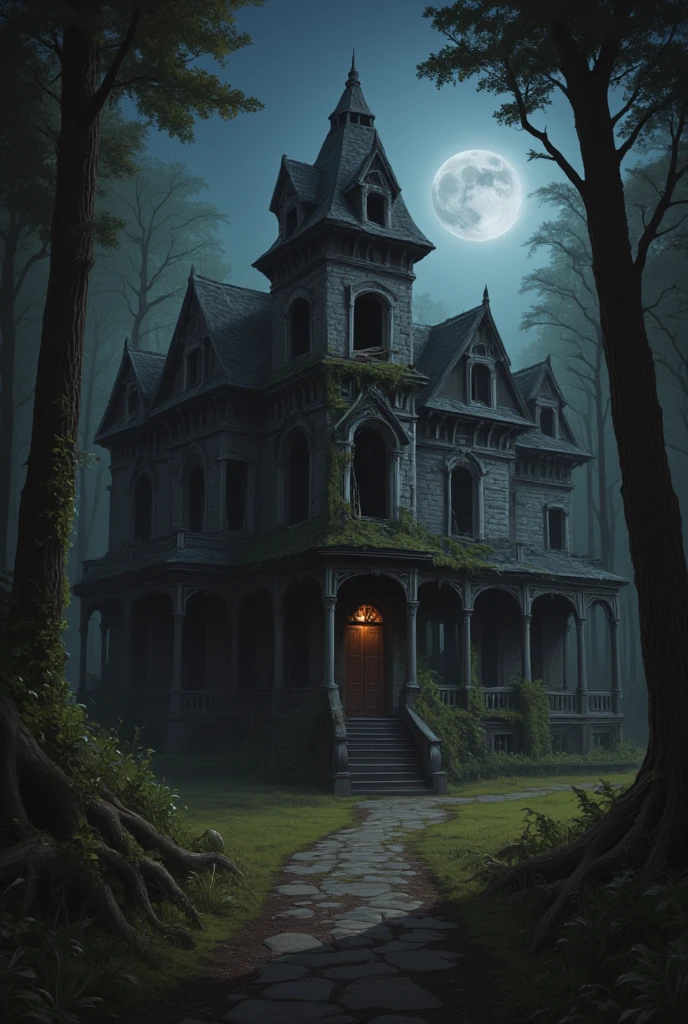 A large house that looks like a palace is abandoned and appears to be old and terrifying in a forest amid darkness and moonlight