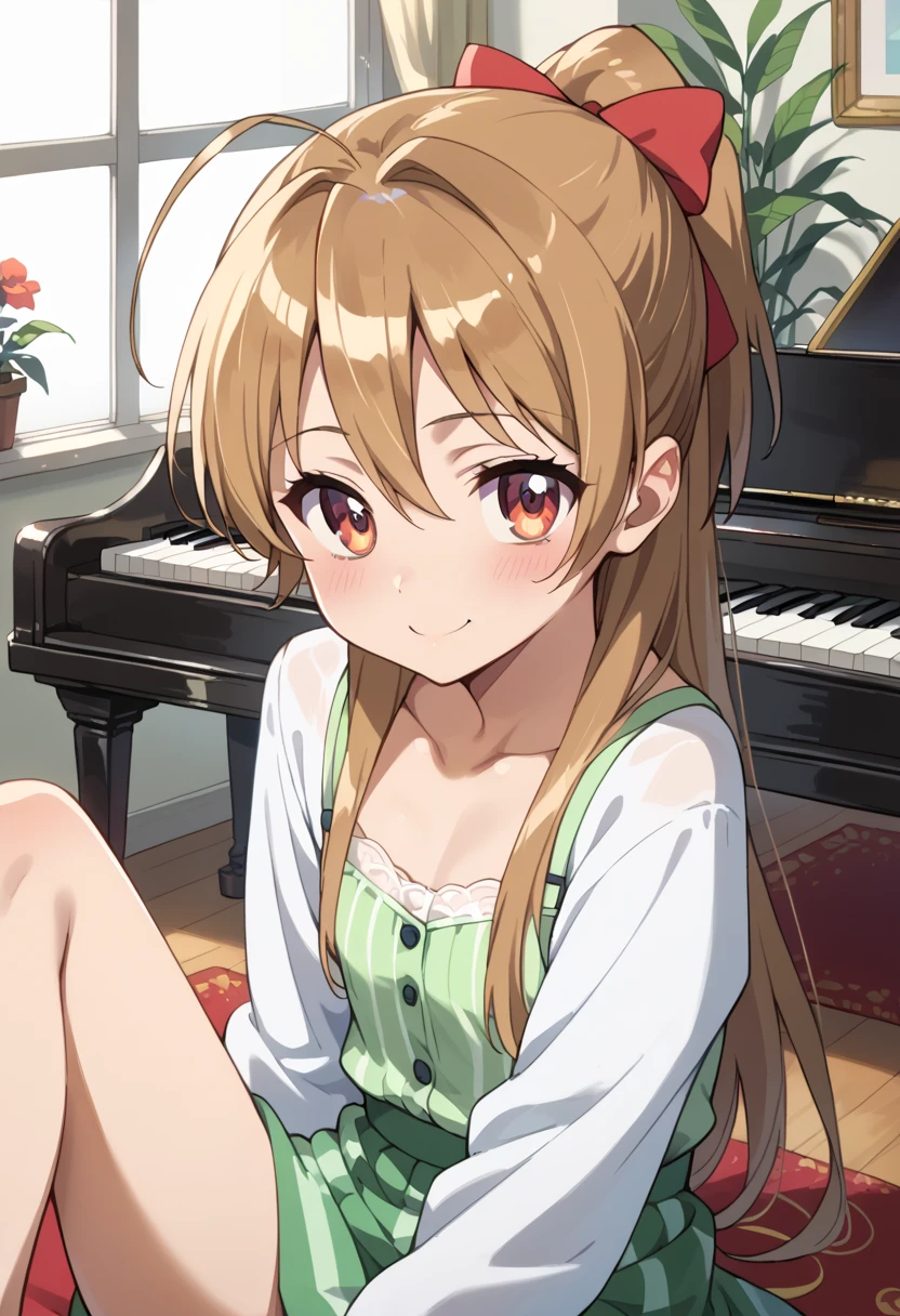 (( top quality )), ((masterpiece)), (be familiar with), perfect face, indoor, bedroom,  watching viewers,
One woman, Miyamoto Rei,
開いた口,  ecstatic expression beside the piano, blush, smile,
 small ,  flat chest, Young girl, Lori,  ,  girl,
 long hair,  ponytail,
Leg spread,