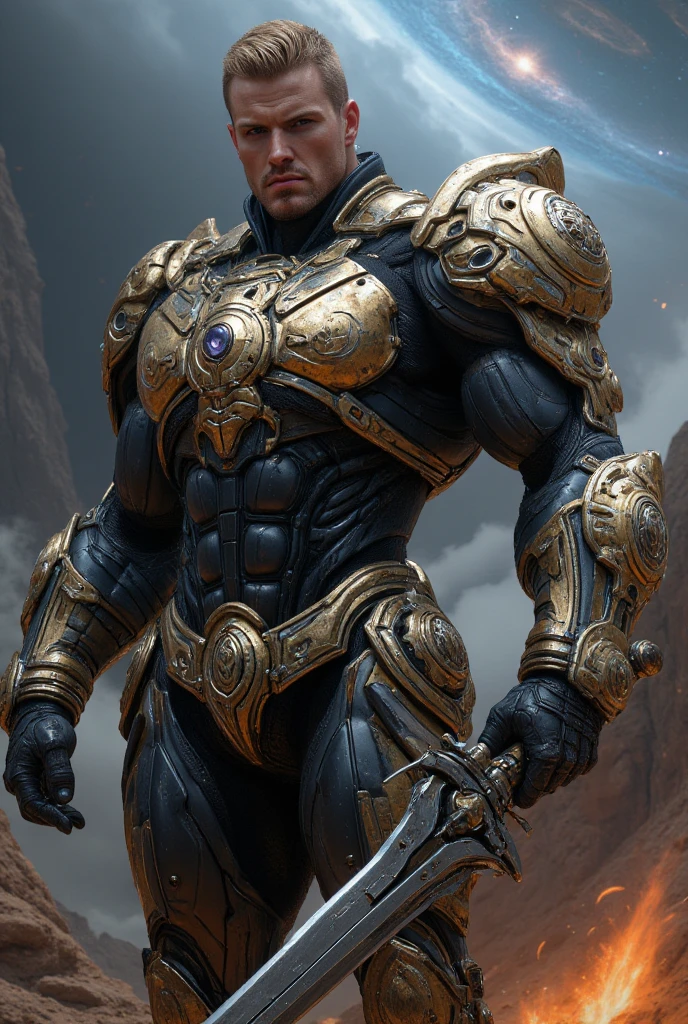 A 50-something male with golden hair with very light and prominent platinum highlights, very short on the sides but long on top like a lock. Striking purple eyes and a bold, manly smirk with his lips. He is dressed in a suit of power armor (shiny blackish electric blue) adorned with golden accents and intricate detailing. The armor covers his entire torso, arms and shoulders, featuring large ornate shoulder pads and a detailed breastplate. The armor has a heavy, metallic carbon fiber quality. He holds a sword-shaped firearm with a very thick and large blade, ornate and graceful carved edge detailing. The background is a very hazy but detailed impressionistic scene of galaxies, sparks and blueish flames, suggesting a fiery environment on an alien planet overlooking outer space. The style is hyper-realistic, with high level of detail on the character's armor and face. Focus on expressing a very strong, serious and powerful male figure. Use rich, deep colors of gray, gold, and orange. Lighting should be dramatic and highlight the textures of the armor. Emphasis on the intricate details and designs of the armor and weapon.