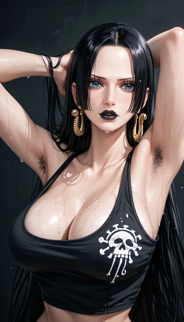 (Boa Hancock), black tank top, gothic make-up, pierced ears, big breast, perfect body, black lipstick, licking the armpit, beautiful black armpit hair, arrogant facial expression, photo art, high detail, high resolusi, best quality, black wall background, wet body, head looking to the side