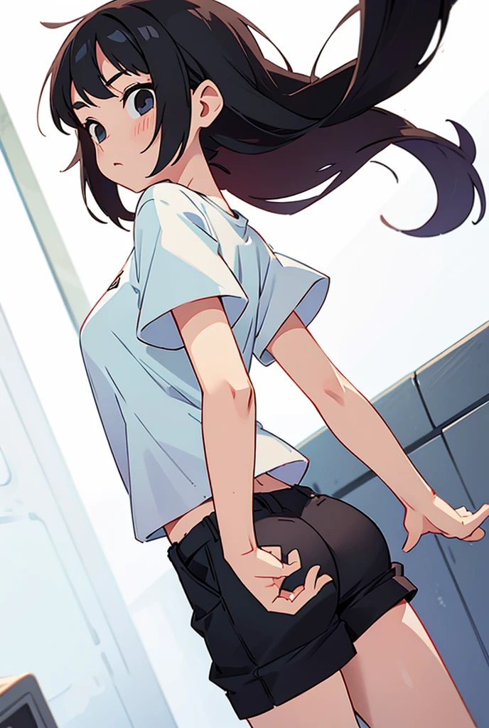 Black Hair, Long Hair, Cute Hips, lure, ,(Cotton shirt、hot pants、Striped thigh-high stockings), (Turn around and put your hands on the wall), Bend、nsfw、BREAK Perfect Anatomy、highest quality、(cute:1.1)、(cute)、(High resolution:1.2)、Unbelievably absurd:1.3、Incredible illustrations、(cuteイラスト:1.2)、Beautiful background、(1 girl) 、solo)、(10th Generation、JK、、Small breasts:1.2)、slender、、、、Eye highlights、embarrassed