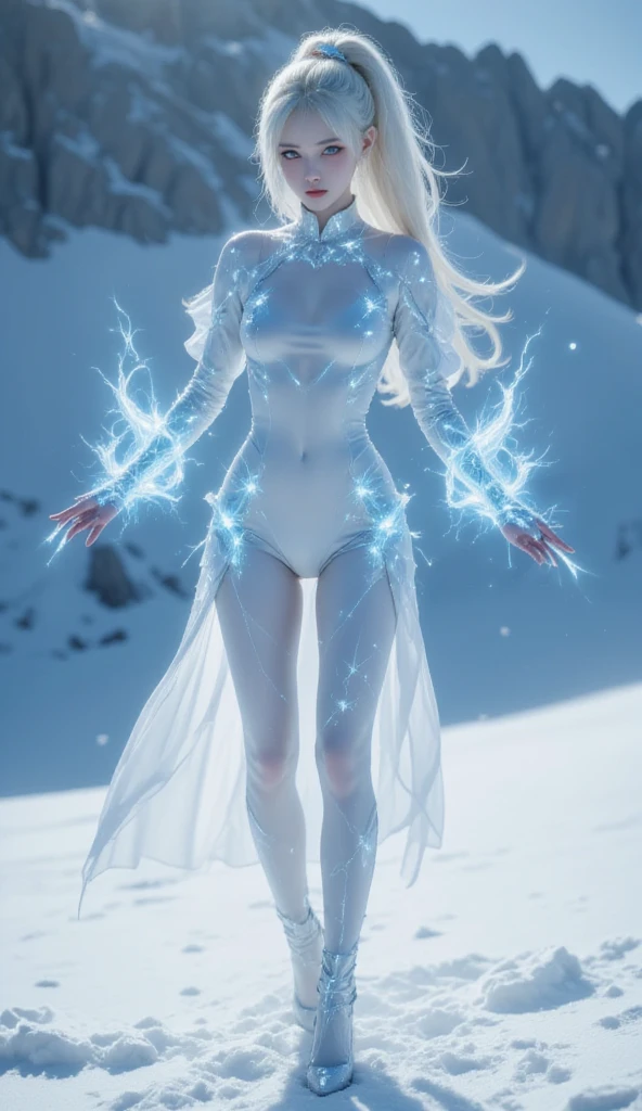 A tall, thin woman with an arctic blue gaze stands in a snowy plain, her long platinum blonde hair pulled back into a tight ponytail, accentuating her thin face. She wears a sleek white jumpsuit that clings to her form, and her dainty hands are adorned with sky blue gloves. With a threatening look directed at the viewer, she wields glowing ice magic, her fingers outstretched as if summoning an icy storm. The snowy plains around her reflect the purity of her attire and the intensity of her power, creating a striking contrast between the serene landscape and her formidable presence.