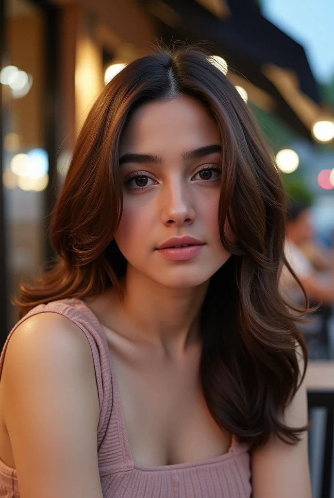 photo of young woman, highlight hair, sitting outside restaurant, wearing dress, rim lighting, studio lighting, looking at the camera, dslr, ultra quality, sharp focus, tack sharp, dof, film grain, Fujifilm XT3, crystal clear, 8K UHD, highly detailed glossy eyes, high detailed skin, skin pores