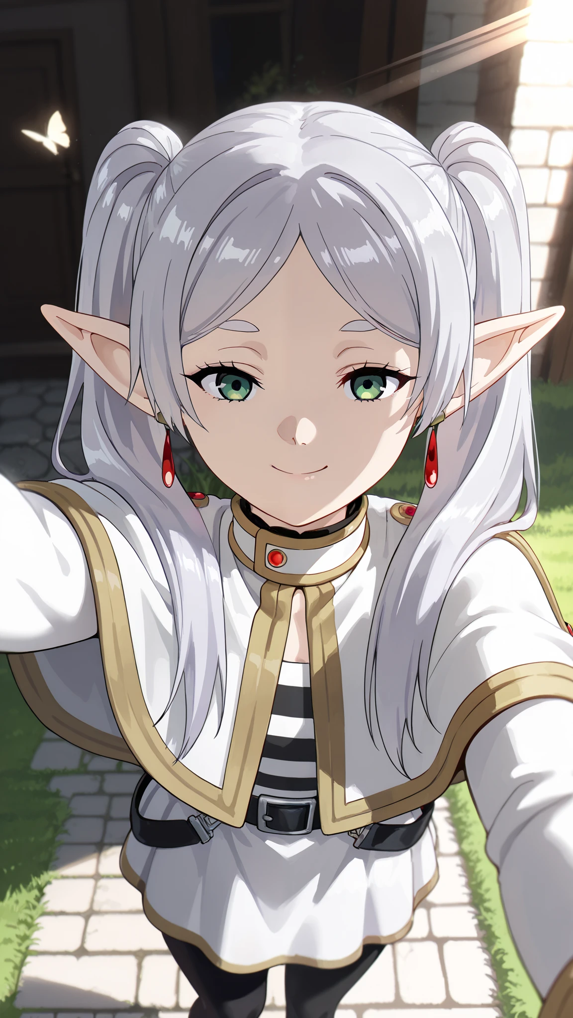 1girl, (masterpiece:1.3), (high resolution), (8K), (extremely detailed), (4k), (pixiv), perfect face, nice eyes and face, (best quality), (super detailed), detailed face and eyes, (solo), textured skin, absurdres, highres, wz_sousou_no_frieren_style, wz_sousou_no_frieren_style, twintails, very long hair, silver hair, pointy ears, elf, white capelet, green eyes, black pantyhose, earrings, white skirt, belt, white sleeves, pov, selfie, light, smile, light rays, sunlight, butterfly, grass, stone street