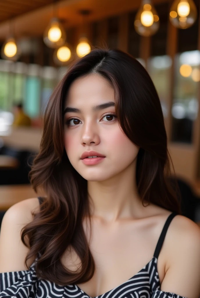 photo of young woman, highlight hair, sitting outside restaurant, wearing dress, rim lighting, studio lighting, looking at the camera, dslr, ultra quality, sharp focus, tack sharp, dof, film grain, Fujifilm XT3, crystal clear, 8K UHD, highly detailed glossy eyes, high detailed skin, skin pores