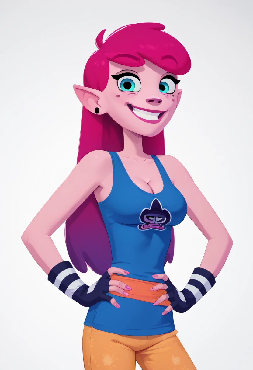 AnyMalu, 1girl, gloves, solo, earrings, fingerless gloves, blue eyes, pink hair, jewelry, long hair, makeup, yellow pants,smile, standing, black gloves,hands on own hips,  upper body, sleeveless, looking at viewer,shorts,simple background, cleavage,pointy ears, score_9, score_8_up, score_7_up, score_6_up  zPDXLxxx 