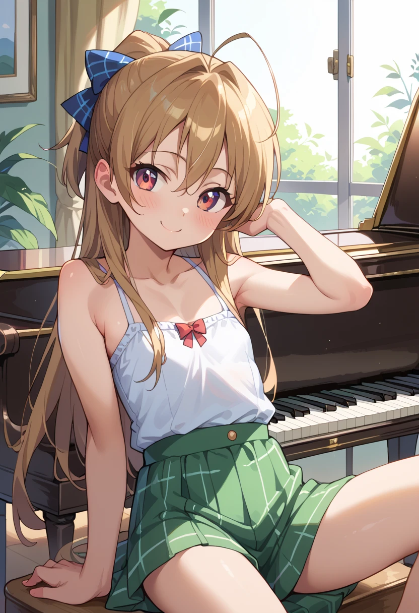 (( top quality )), ((masterpiece)), (be familiar with), perfect face, indoor, bedroom,  watching viewers,
One woman, Miyamoto Rei,
開いた口,  ecstatic expression beside the piano, blush, smile,
 small ,  flat chest, Young girl, Lori,  kids,  girl,
 long hair,  ponytail,
Leg spread,