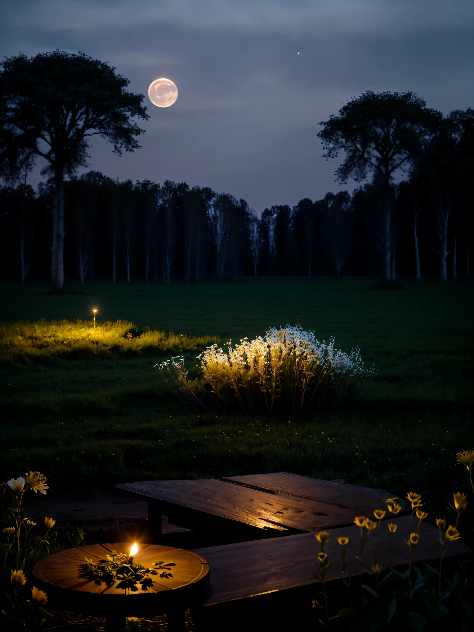 candles are lit in a field of flowers and trees, moonlight shining on wildflowers, monia merlo, by Johanna Marie Fosie, broken wooden table full of wild flowers arrangements, field of flowers at night, by Anna Haifisch, artem chebokha, moonlit night dreamy atmosphere, by Jan Kupecký, by Emma Andijewska, lights with bloom, soft moonlight lighting, real photography, masterpiece, best quality,