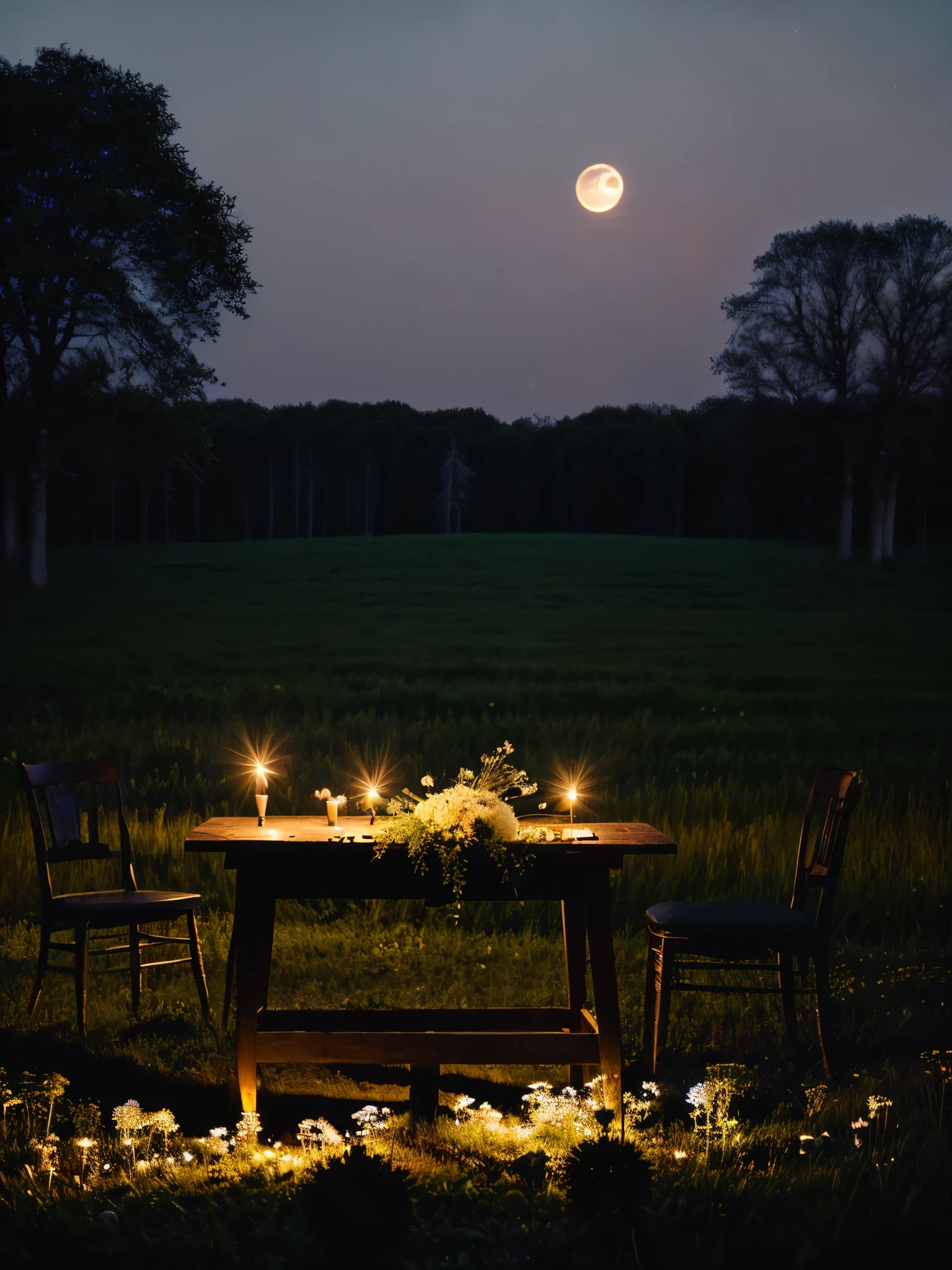 candles are lit in a field of flowers and trees, moonlight shining on wildflowers, monia merlo, by Johanna Marie Fosie, broken wooden table full of wild flowers arrangements, field of flowers at night, by Anna Haifisch, artem chebokha, moonlit night dreamy atmosphere, by Jan Kupecký, by Emma Andijewska, lights with bloom, soft moonlight lighting, real photography, masterpiece, best quality,