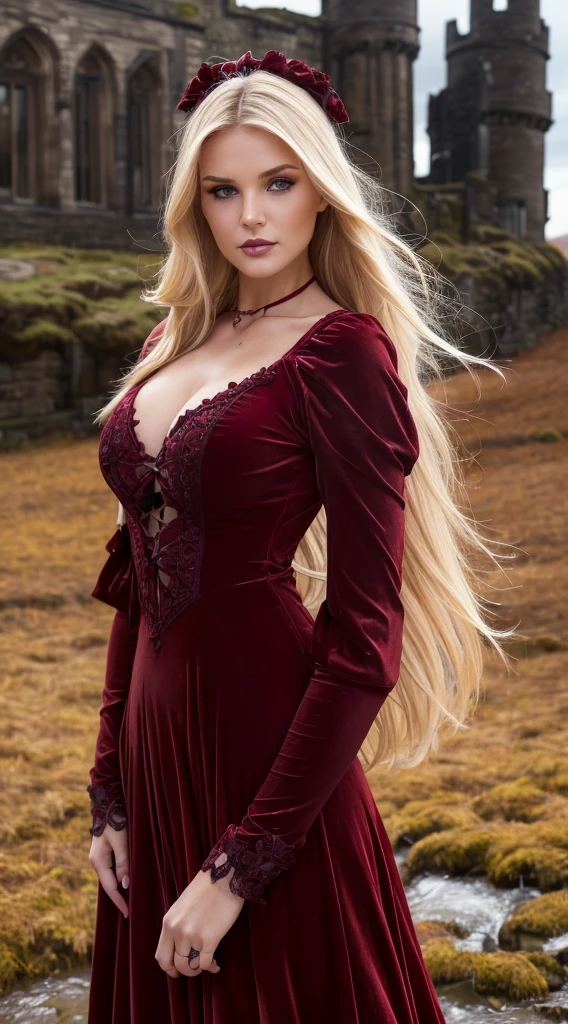 a European woman, flowing long blonde hair, autumn forest, (cleavage), (big curvy breasts), natural skin, jewels, ruby red dress, bokeh, 24mm, 4k, soft cinematic light, RAW photo, photorealism, photorealistic, intricate, elegant, highly detailed, sharp focus, ((((cinematic look)))), soothing tones, insane details, intricate details, hyperdetailed, low contrast, soft cinematic light, dim colors, exposure blend, hdr, faded