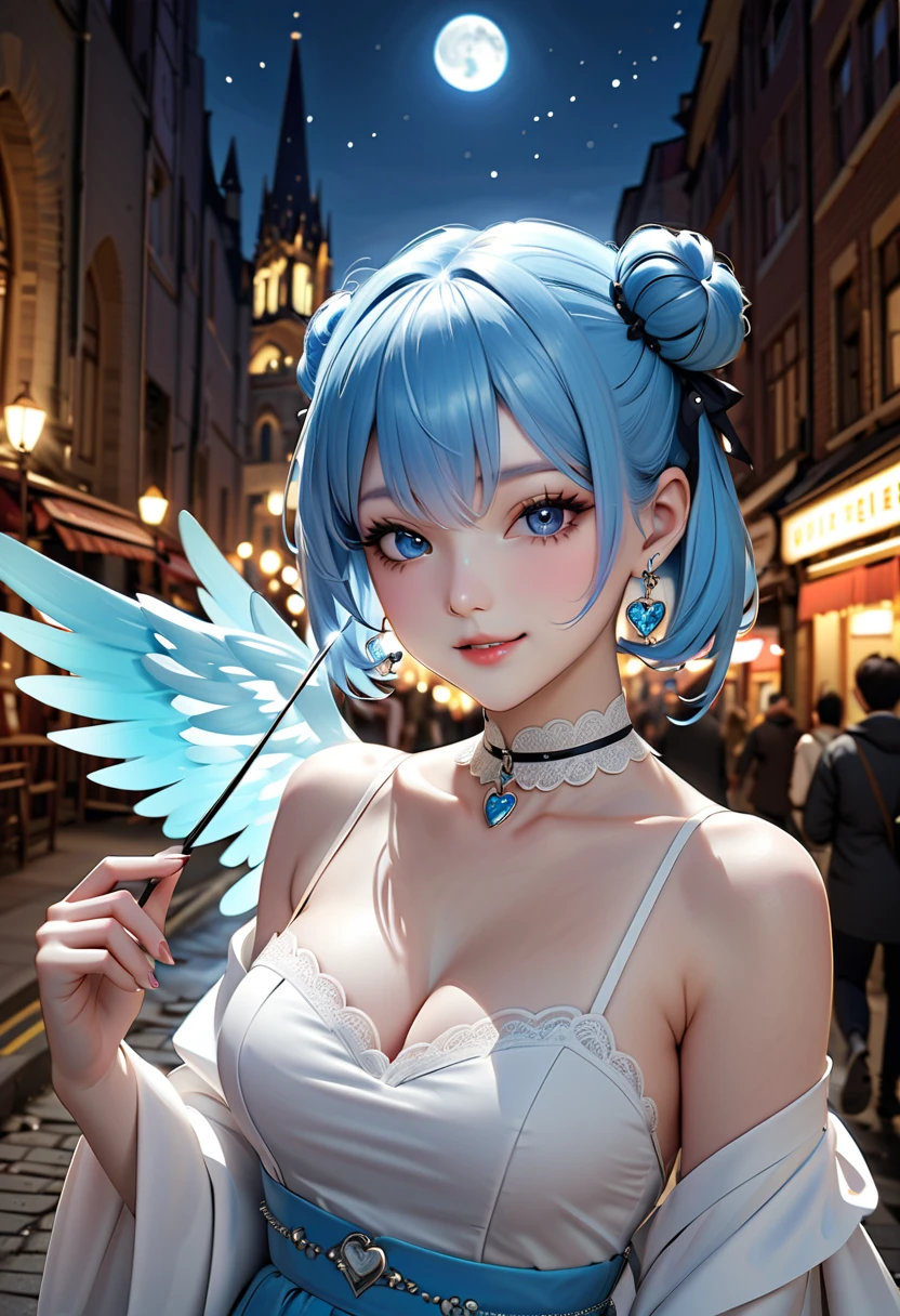 White dress, rooftop, 1girl, nose blush, 1 Screen View, low angle, 8K, highest quality, Beautiful expression, standing, Shiny natural skin texture, cheerful, Cute face, grin, fluffy bob cut, hair ribbon, (Wings are growing:1.5), (nsfw:1.1), (masterpiece:1.2), (see through:1.1), (puffynipple:1.1), (Light-pigmented nipple:1.3), (small breasts:1.1), (sky blue hair:1.4), (flower hair ornament:0.8), (No underwear:1.2)																