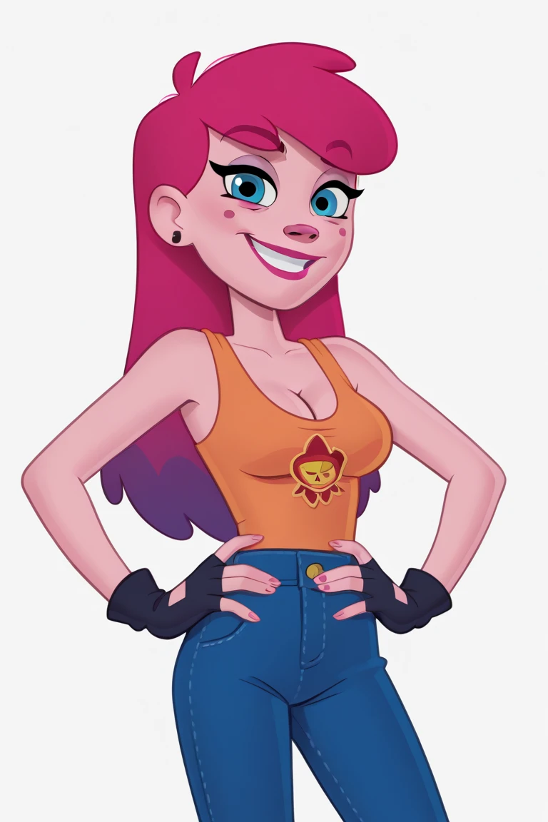 AnyMalu, 1girl, gloves, solo, earrings, fingerless gloves, blue eyes, pink hair, jewelry, long hair, makeup, pants,smile, standing, black gloves,hands on own hips,  half body, sleeveless, looking at viewer,shorts,simple background, cleavage,, score_9, score_8_up, score_7_up, score_6_up  zPDXLxxx 