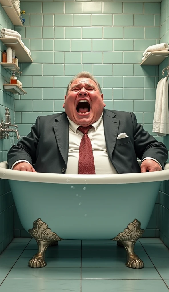Obese man brushing his teeth with green radioactive powder