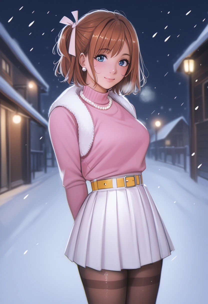 score_9, score_8_up, score_7_up, score_6_up,Shiny skin, kousaka honoka, blue eyes, beautiful, winter clothes, breathing, brown hair, night, snowing, cowboy shot,pink shirt,white open crop vest, arms behind back, Pearl necklace, earrings, white skirt, yellow belt, happy,hair ribbon,p4l0m4, breasts,thighs,web comic,hentai, thighs, closed mouth, pantyhose, from side, looking at viewer