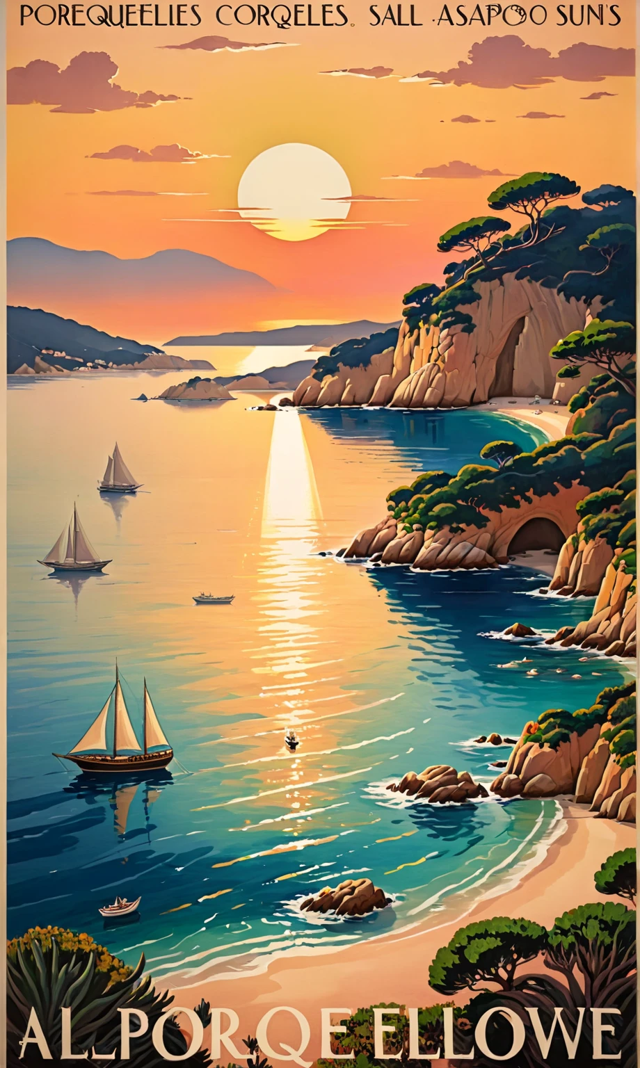 affiche d&#39; A cove with alepo pin and small ship on the sea, under a sunset  texte:" Porquerolles ", style art déco,