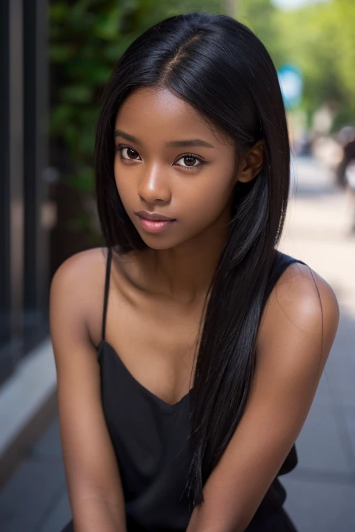  A beautiful black-skinned girl wears a short black dress, long hair, very dark skin 1.5