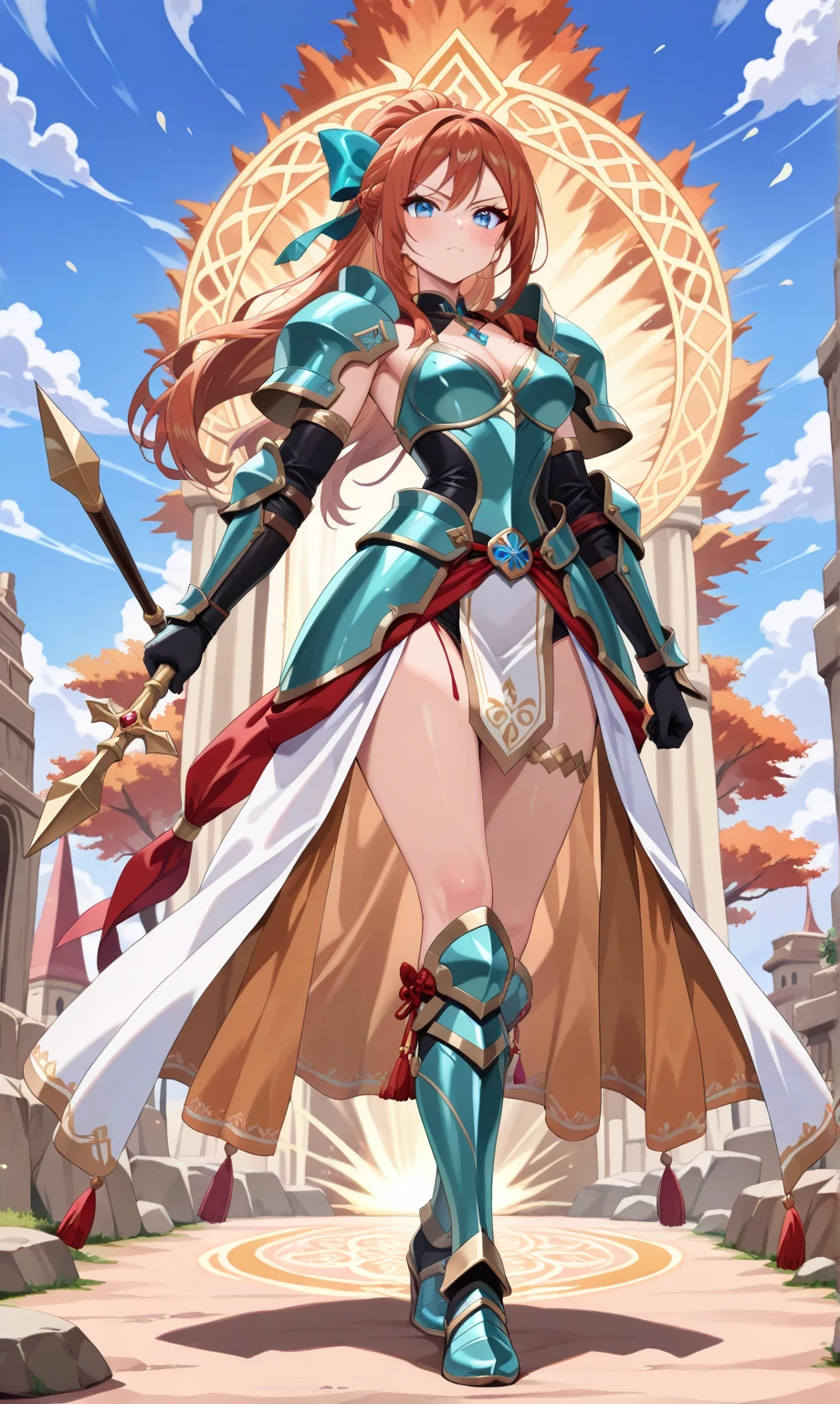 (((masterpiece, best quality, high detailed, 16k))) (1girl) A fierce and adventurous female warrior with long, flowing auburn hair and bright, determined blue eyes. Her armor is lightweight and sleek, adorned with stars and bow motifs. She carries a massive, enchanted bow, its string glowing with the light of distant constellations. She stands on a high plateau under the night sky, ready to shoot arrows that light up the heavens.
((full body front view)), (extremely detailed:1.5)