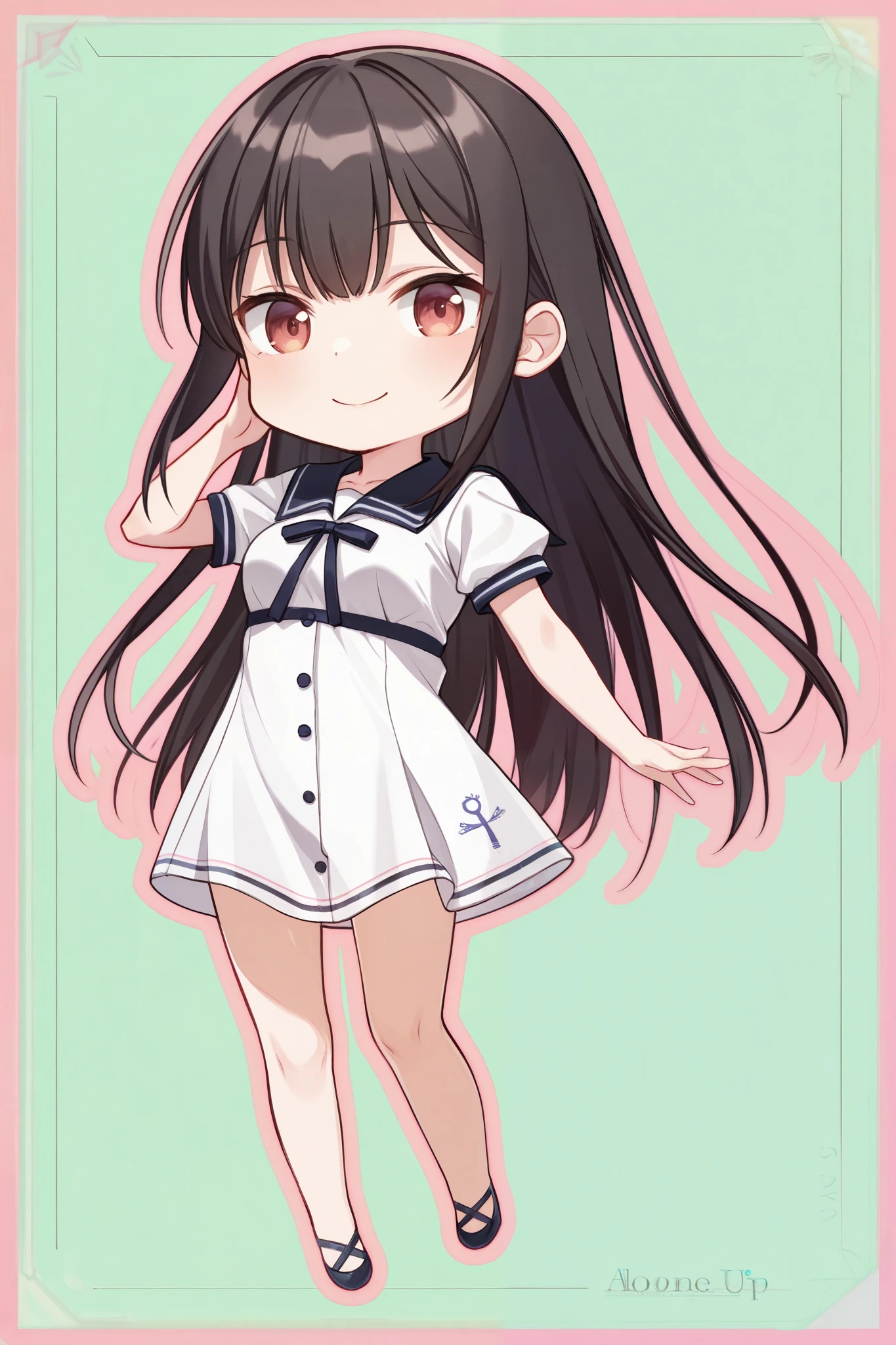 1girl,masterpiece, top quality , Very Aesthetic , absurd, up to date,(pink outline)、Sera Clothing、 sailor dress,Long black hair,happy、Smile lightly, A Beautiful Woman ,Alone, slender body 、stand、,sidelock ,amber eyes、、 small breasts、, chibi, full body,green background