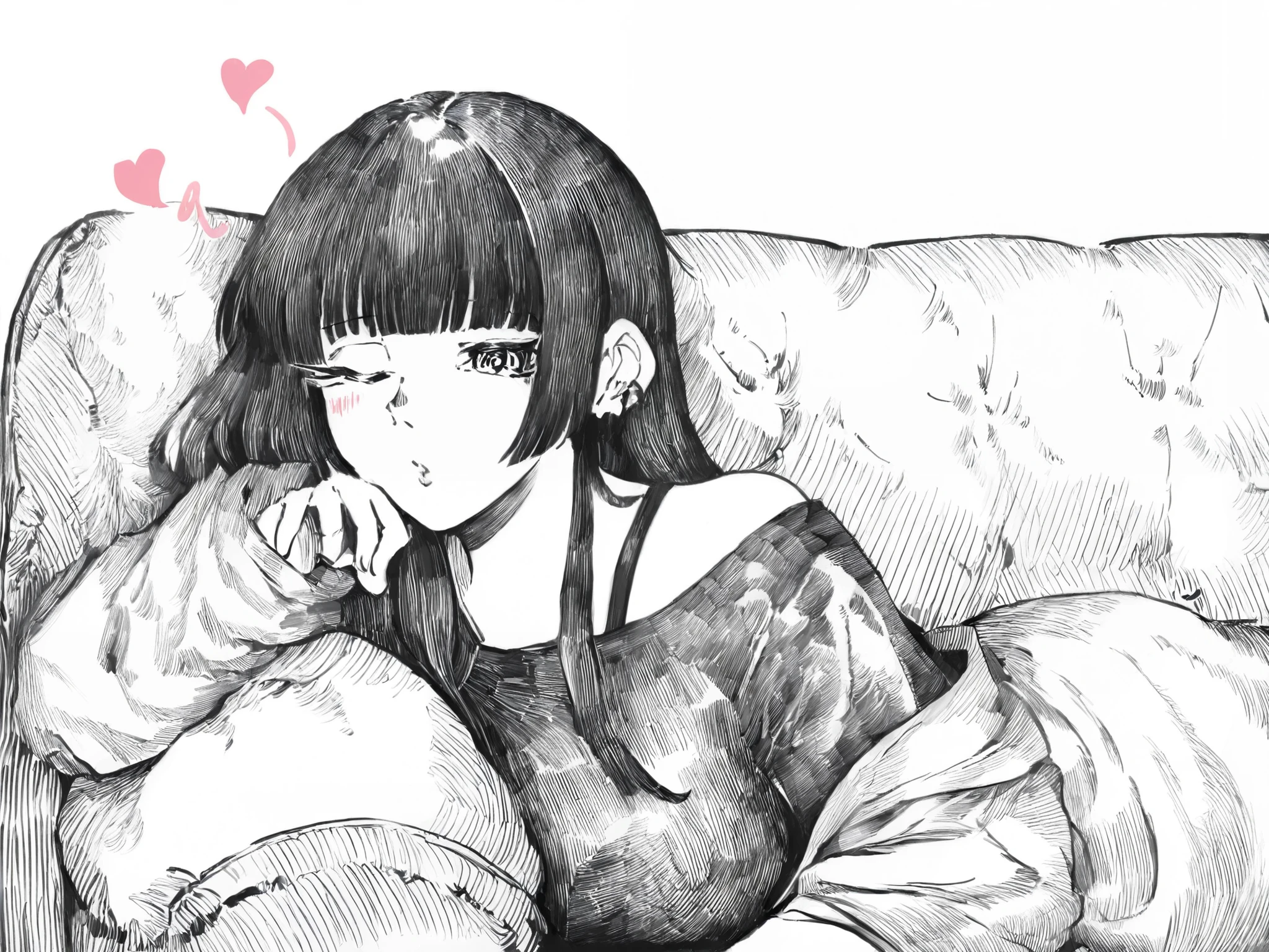 1girl,
A masterpiece illustration of a girl lounging back on a sofa in comic book art style, expertly drawn with great attention to detail, drawn in monochrome, use of hatching and crosshatching to create gradual shadows across the image,  the girl has hime cut hair, wearing a shirt with one sleeve off shoulder, bra strap revealed, she is lazily laid on the couch stretching her body, with one eye closed and hearts over her head.