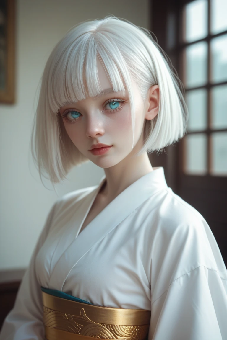 girl, caucasian, white hair, bob cut, bangs, grey eyes, big eyes, eyebrow piercing, smirking confidently, inside space ship, portrait