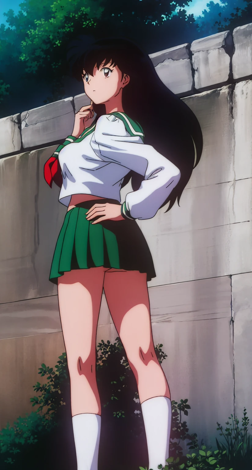 1girl, solo, outdoors, long hair, brown eyes, school uniform,(Masterpiece: 1.6, Best Quality), (Fine Beautiful Eyes: 1.2), (best quality, masterpiece, higher), green school uniform, soft thighs , long sleeves, white socks, scenery , Best Quality, ((anime)) ((Colored)) HD, Kagome Higurashi ,school uniforms, Standing, Green skirt, Red scarf, long hair, Black hair between the eyes, Thighs are soft, school background , black hair, skirt ,standing, green skirt, serafuku, belly button, midriff, both hands on hips
