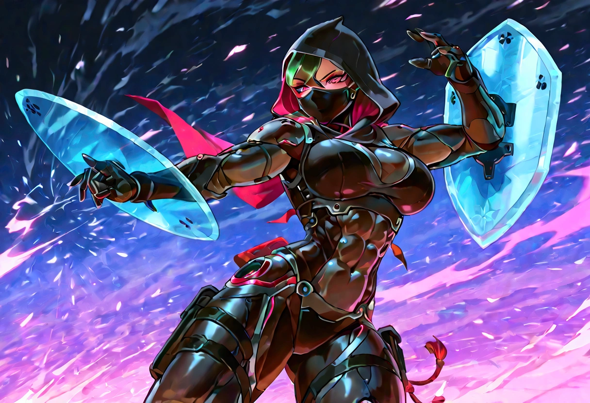 Female cyborg ninja, cobra hood, wearing ninja clothes, sexy, well-toned abs, fighting with an ice shield