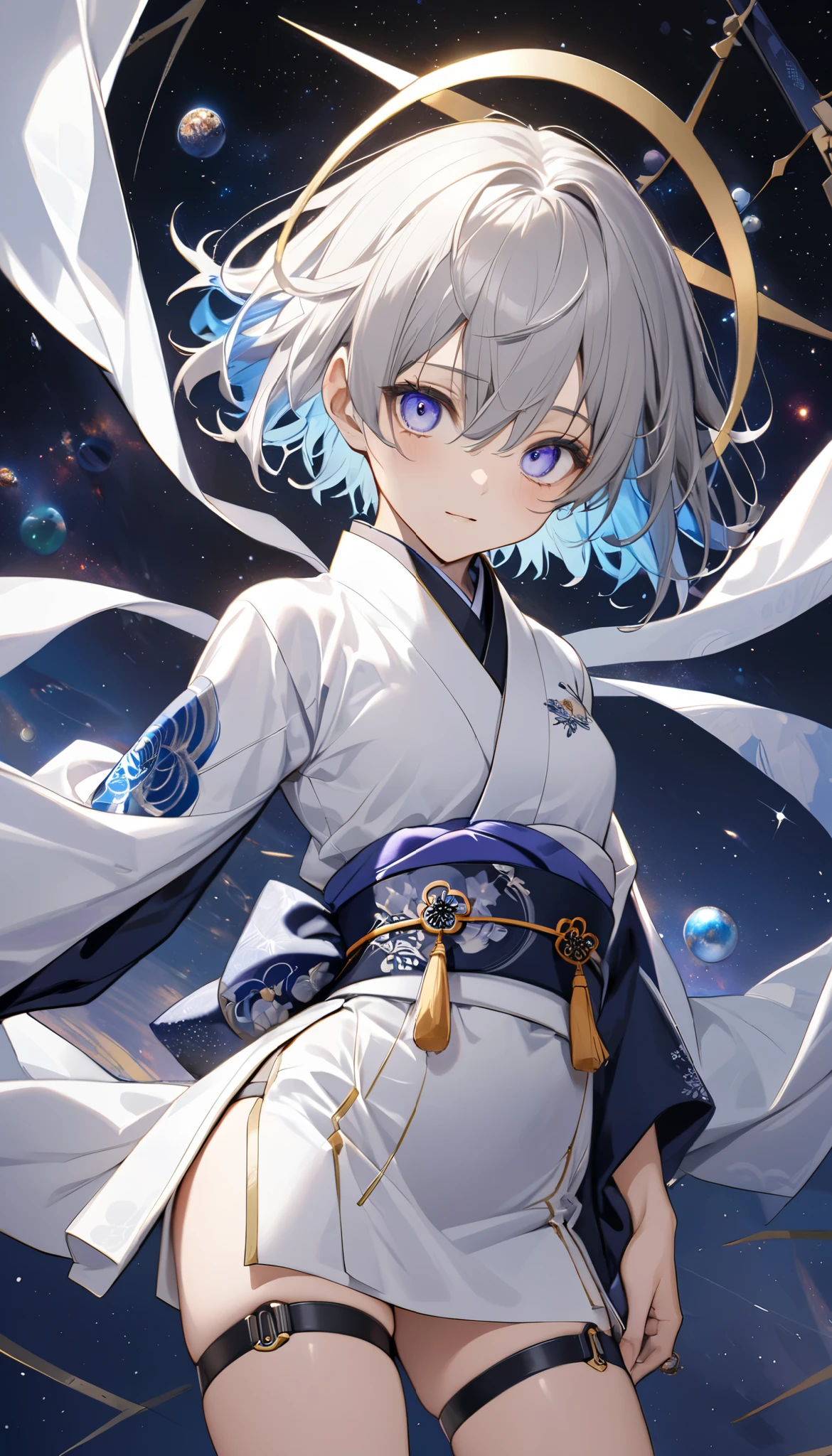fresh illustrations ,
ultraminiature painting ,
very delicate illustrations ,
very fine details,
A picture of a lonely boy ,
My arms are extended ,
height 158cm ,
light skin,
The right eye is purple and the left eye is blue , strange eyes .
beautiful eyes,
black puff Pills are big ,
short hair,
grey hair,
The hair roots are bluish ,
Your hair has a gradation ,
shiny hair,
cute face,
nice face
There is a glowing halo on the back of the head,
raise eyebrows ,
The upper body is dressed in a Japanese kimono ,
male body ,
Six-pack,
super small breasts,
no breasts,
The lower body is a Chinese dress ,
The color of the obi is black ,
all white clothes ,
Tastefully embroidered with gold thread ,
clothing made from high-quality fabrics ,
jockstrap underwear ,
thigh strap,
thigh strape graben sich in die Haut ein,
white long boots ,
The tips of the shoes are Japanese style ,
The number of fingers and toes is 5 ,
thin waist,
THIN LEGS ,
isometric,
GOLDEN CUT ,
Divine atmosphere,
With an indigo-colored inner collar ,
space,
Galaxy ,
There are countless little stars ,
tactical use of shadow ,
Make sure, that the rings on your head or your hair do not stick out from the angle.
Clothing should not stick out from the angle ,
The body orientation is symmetrical ,
clothing is symmetrical ,
Whole body diagram,
Picture of standing still ,
facing forward ,