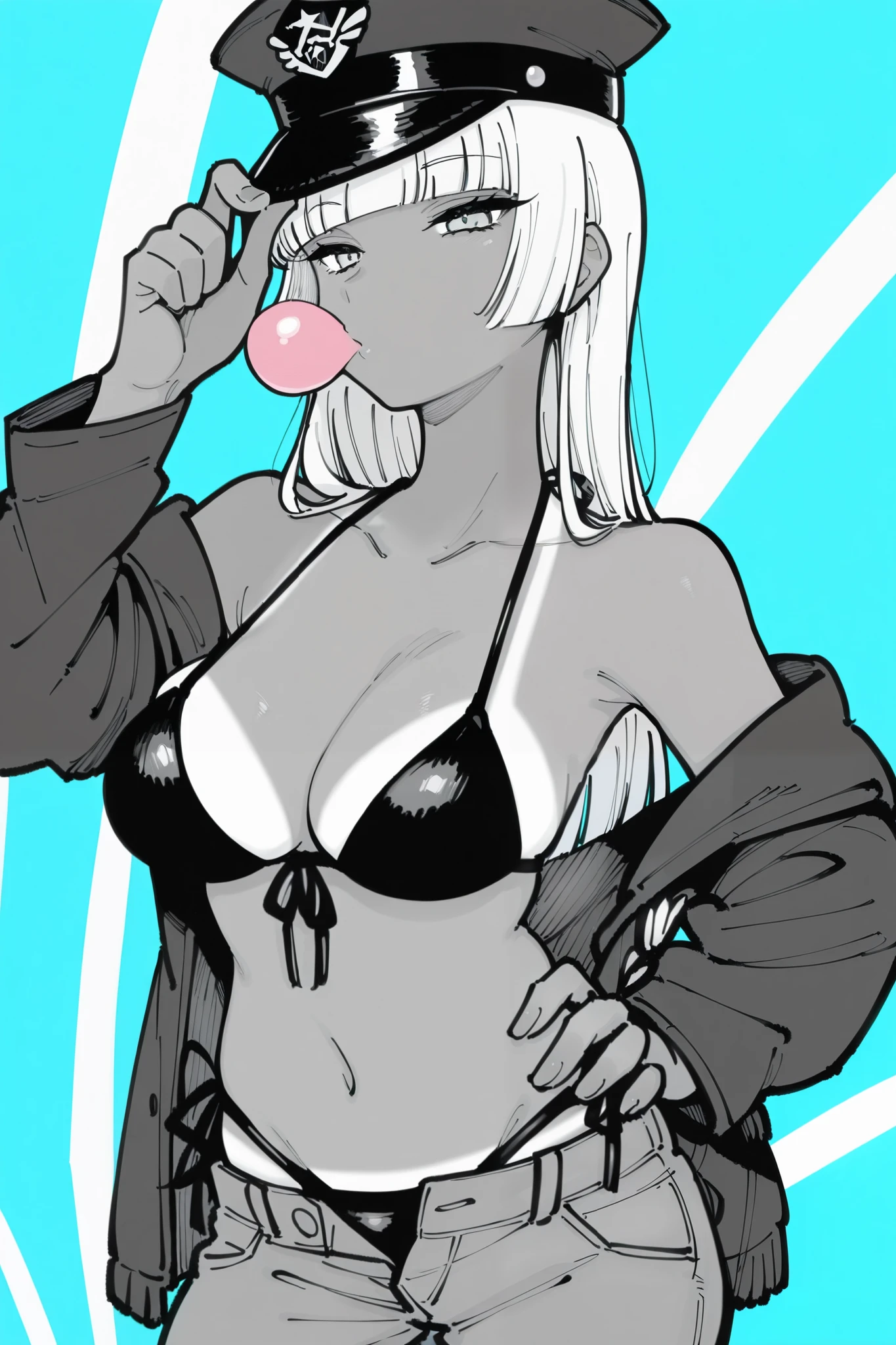 1girl, karasuchan. greyscale with colored background, hatching \(texture\), monochrome
An illustration of a woman wearing a police cap with a bikini in digital art style, the golden and blue duotone bikini is contrasting against her tanned skin, she has white hair, she is blowing bubblegum, she has one hand on her hip, her hair are white arranged in a hime cut, she is wearing an officer shirt unbuttoned all the way. she has her other hand on her hat
