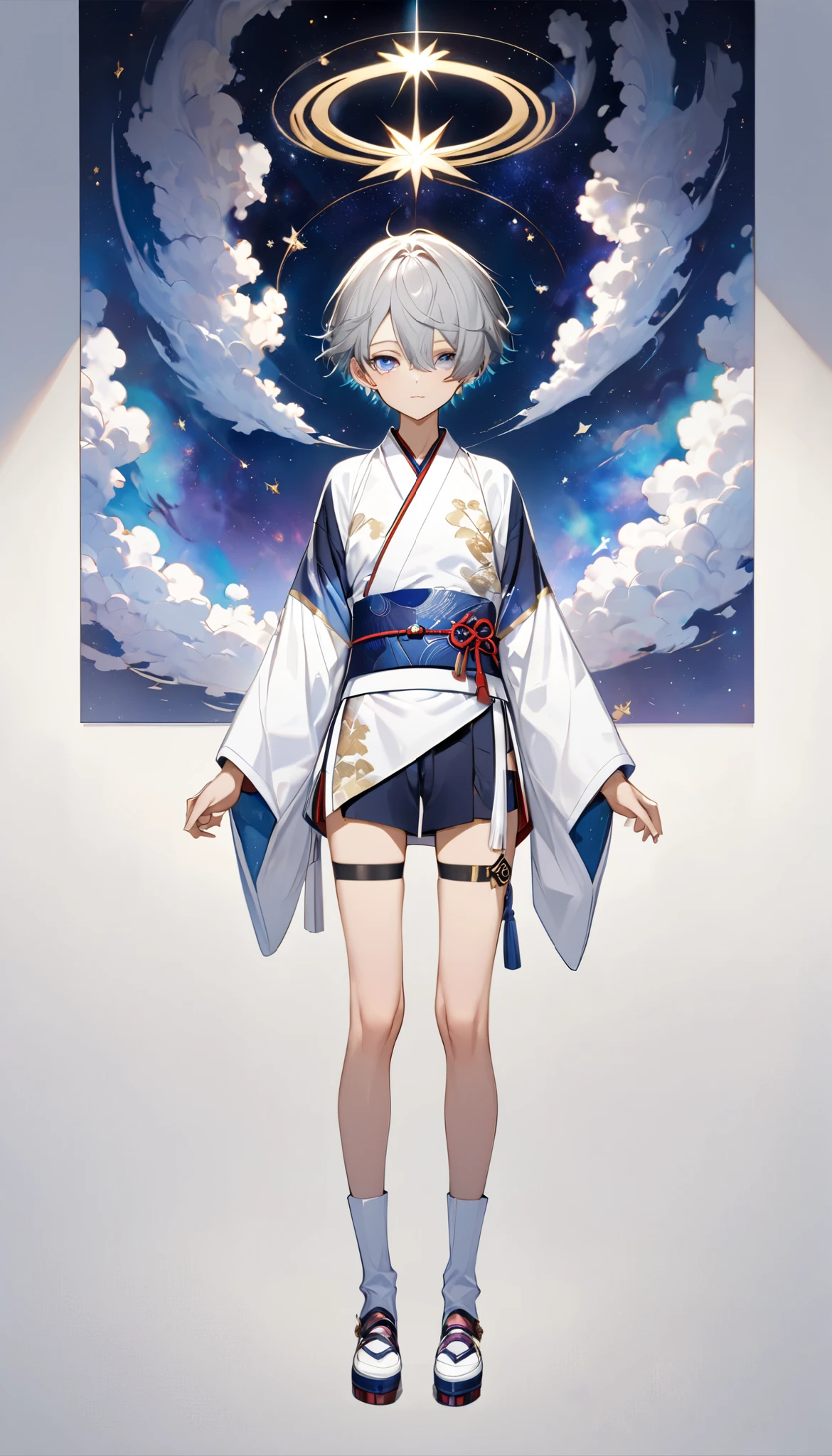 fresh illustrations ,
ultraminiature painting ,
very delicate illustrations ,
very fine details,
A picture of a lonely boy ,
My arms are extended ,
height 158cm ,
light skin,
The right eye is purple and the left eye is blue , strange eyes .
beautiful eyes,
black puff Pills are big ,
short hair,
grey hair,
The hair roots are bluish ,
Your hair has a gradation ,
shiny hair,
cute face,
nice face
There is a glowing halo on the back of the head,
raise eyebrows ,
The upper body is dressed in a Japanese kimono ,
male body ,
Six-pack,
super small breasts,
no breasts,
The lower body is a Chinese dress ,
The color of the obi is black ,
all white clothes ,
Tastefully embroidered with gold thread ,
clothing made from high-quality fabrics ,
jockstrap underwear ,
thigh strap,
thigh strape graben sich in die Haut ein,
white long boots ,
The tips of the shoes are Japanese style ,
The number of fingers and toes is 5 ,
thin waist,
THIN LEGS ,
isometric,
GOLDEN CUT ,
Divine atmosphere,
With an indigo-colored inner collar ,
space,
Galaxy ,
There are countless little stars ,
tactical use of shadow ,
Make sure, that the rings on your head or your hair do not stick out from the angle.
Clothing should not stick out from the angle ,
The body orientation is symmetrical ,
clothing is symmetrical ,
Whole body diagram,
Picture of standing still ,
facing forward ,